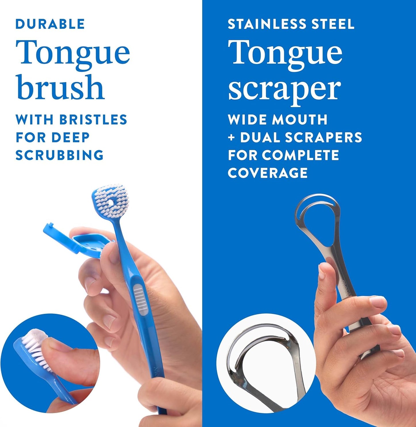 Mouthology Tongue Brush & Tongue Scraper (Combo Pack), Reduce Bad Breath & Improve Oral Hygiene, Tongue Scraper Brush for Adults Ergonomic Handle & Protective Cap, Tongue Cleaner