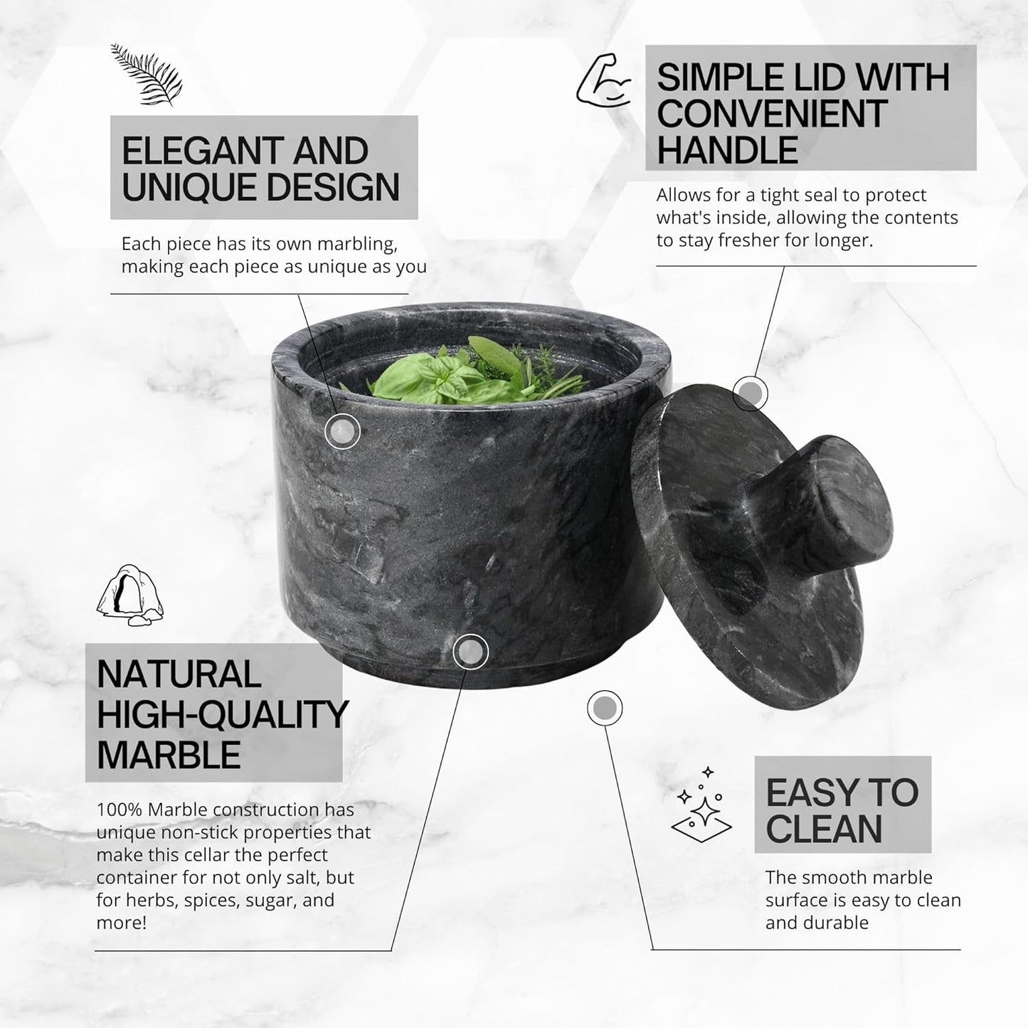 Flexzion Marble Salt Cellar with Lid, Multi-Purpose Marble Container for Salt, Pepper, Paprika and Powdered Herbs, Salt Containers for Countertop, Box for Jewelry, Watches & Accessories (Black)