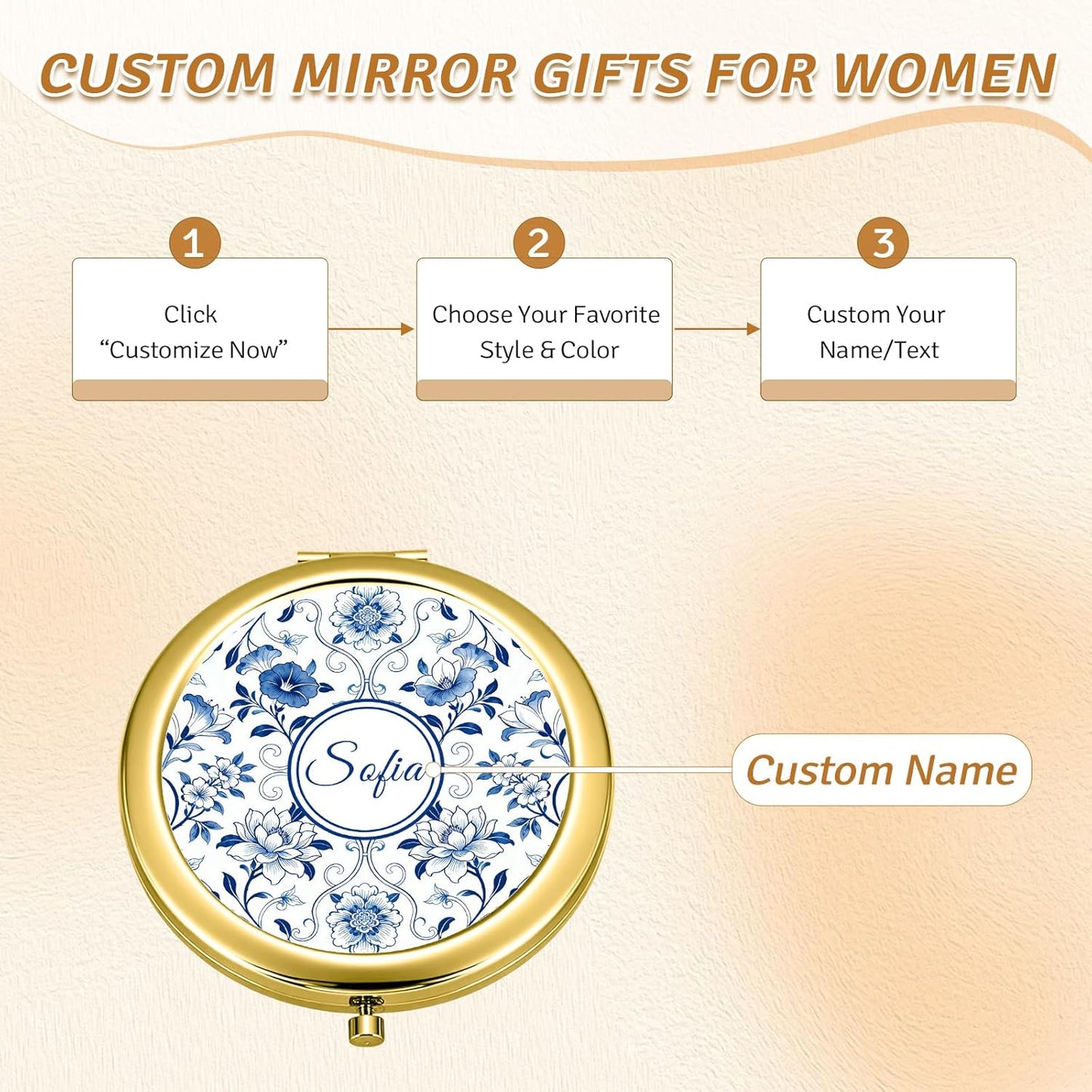 Custom Compact Mirror with Name - Personalized Flip Makeup Travel Pocket Mirror Gift for Women Bridesmaids Wedding Birthday (Blue Flower Line)