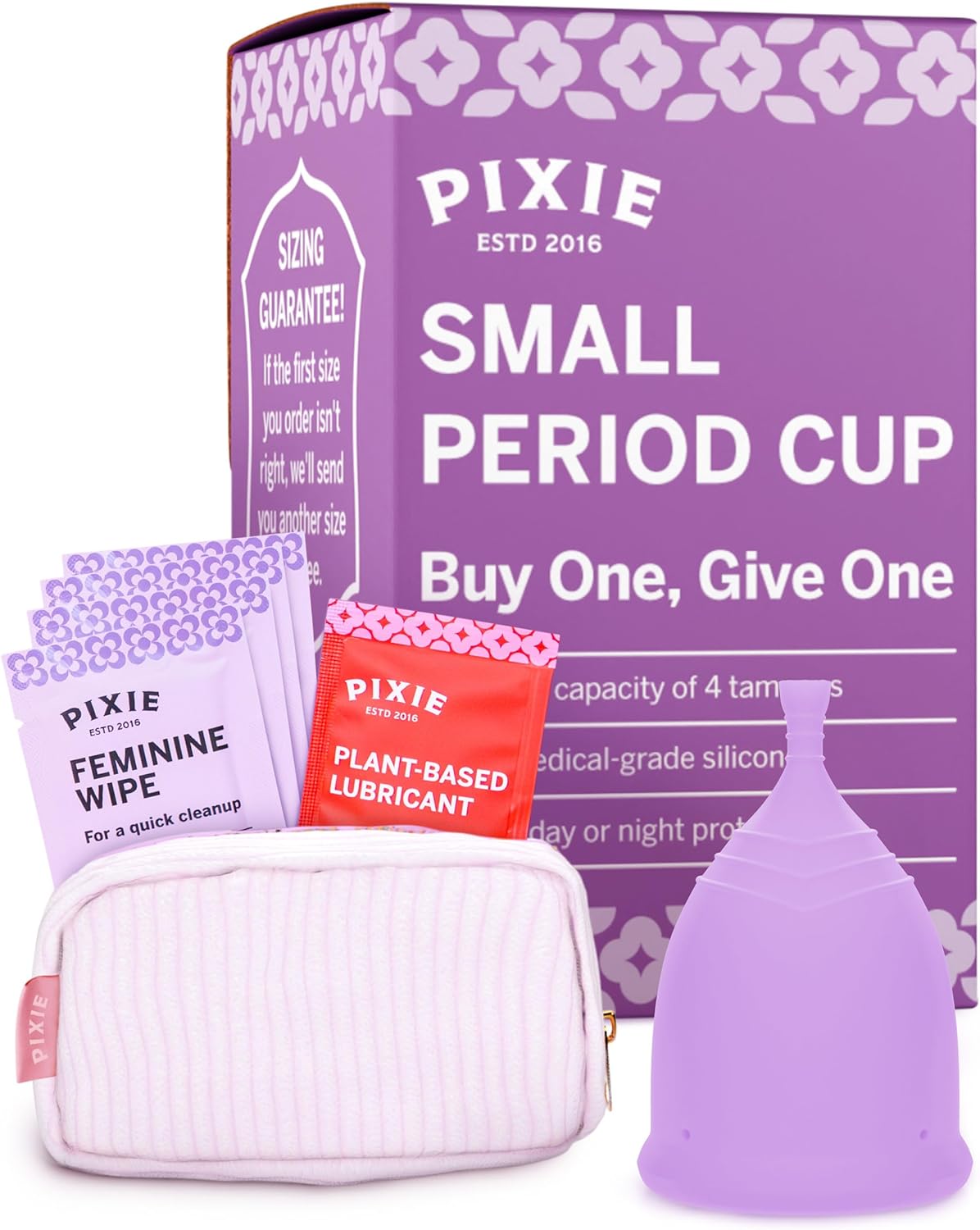 Pixie Menstrual Cup - No Metals or Toxins - Ranked 1 for The Most Soft Reusable Period Cup - Wear 12 Hours - 100% Medical-Grade Silicone - Tampon Alternative (Purple, Small)