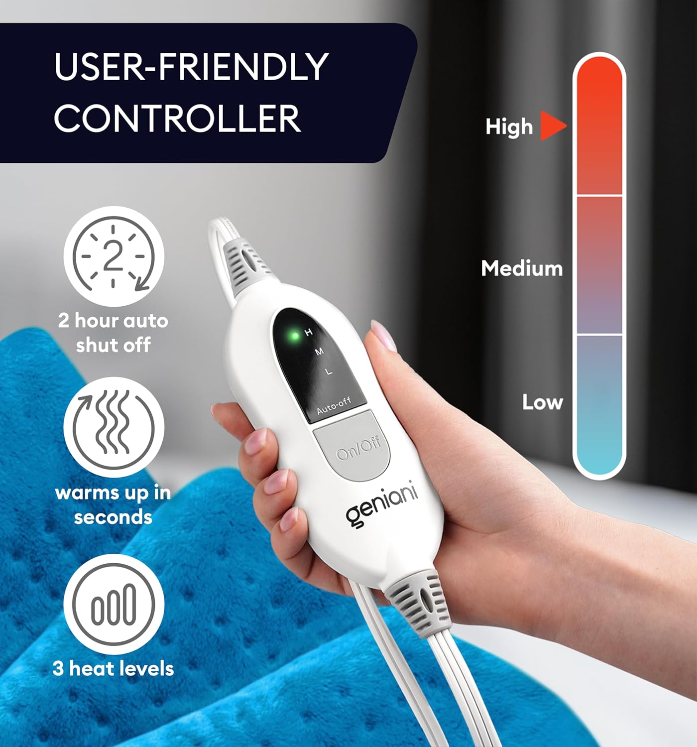 GENIANI Electric Throw - XL Heating Pad for Back Pain & Menstrual Pain Relief, Auto Shut Off, Machine Washable, Moist Heat Pad for Neck and Shoulder, Cramps Relief, 12'‘×24’’ (Aqua Blue)