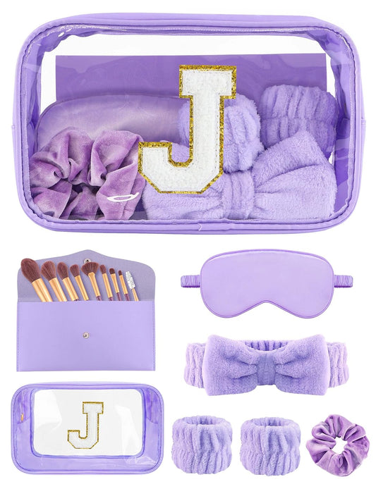 Gift Sets for Women, Initial Makeup Bag with Makeup Brush Set Bachelorette Party Favors, Purple Spa Kit with Skincare Headbands Wrist Bands Sleepover Party Supplies Gifts for Teen Girls Bridesmaid J