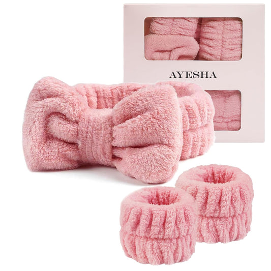 Ayesha Spa Headband and Wristband Set for Skincare Washing Face,Makeup Headband Wrist Cuffs for Preppy Skincare Women Girl (Pink set)