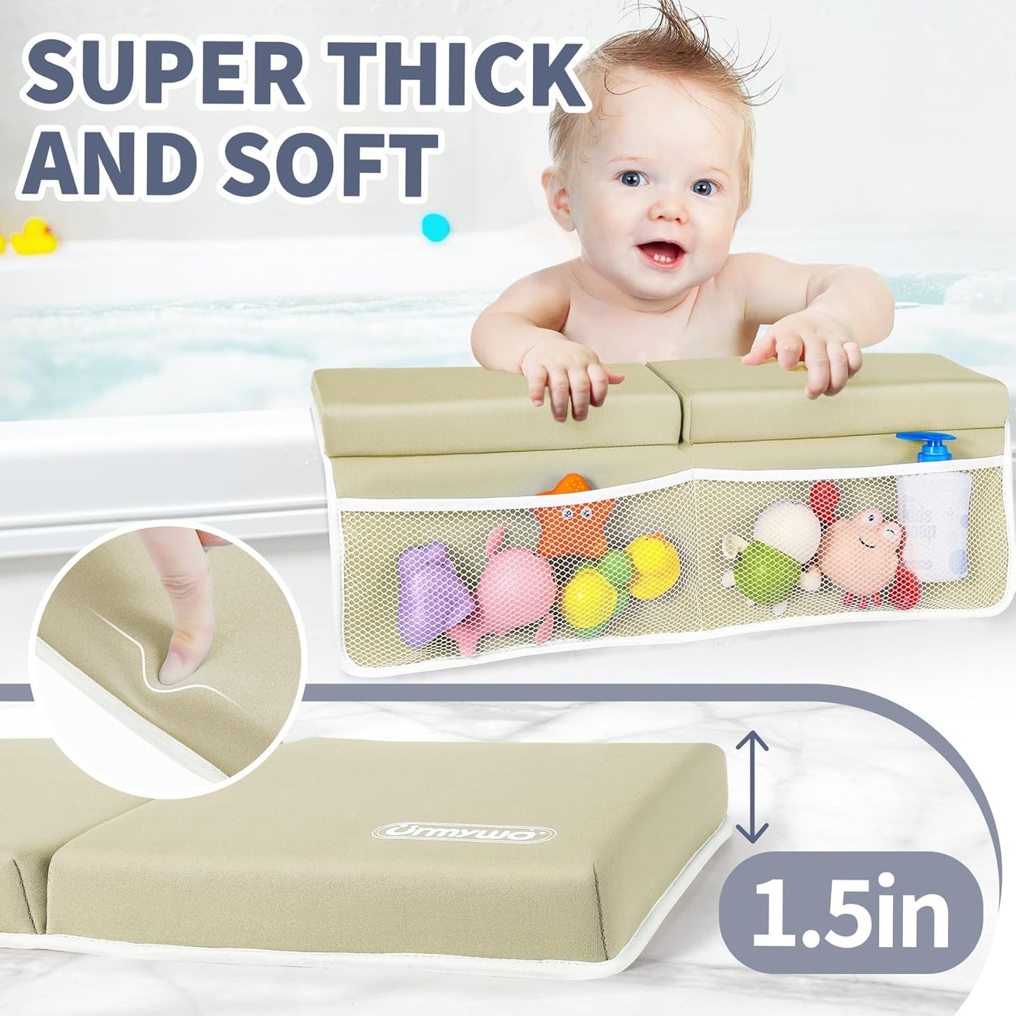 URMYWO Bath Kneeler and Elbow Rest Pad Set - 1.5" Thick Baby Bath Kneeler Pads with Toys Organizer, Anti-Slip Cozy Knee & Arm Support Bathtub Mat, Quick Dry Kneeling Pad for Baby Bath Time