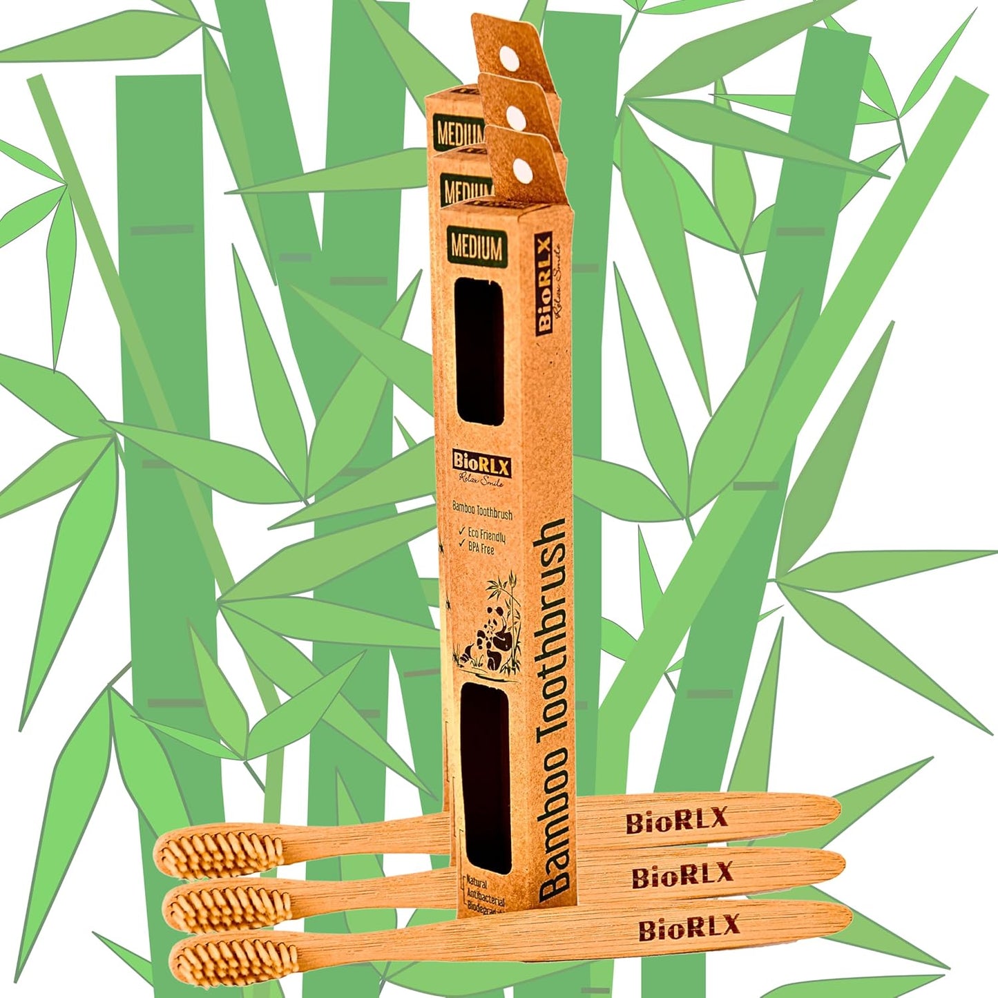 BioRLX Bamboo Toothbrush - Biodegradable Wooden Toothbrushes, Natural BPA Free - Wooden Toothbrush, Eco-Friendly - Compostable and Durable (Three Pieces, Medium)