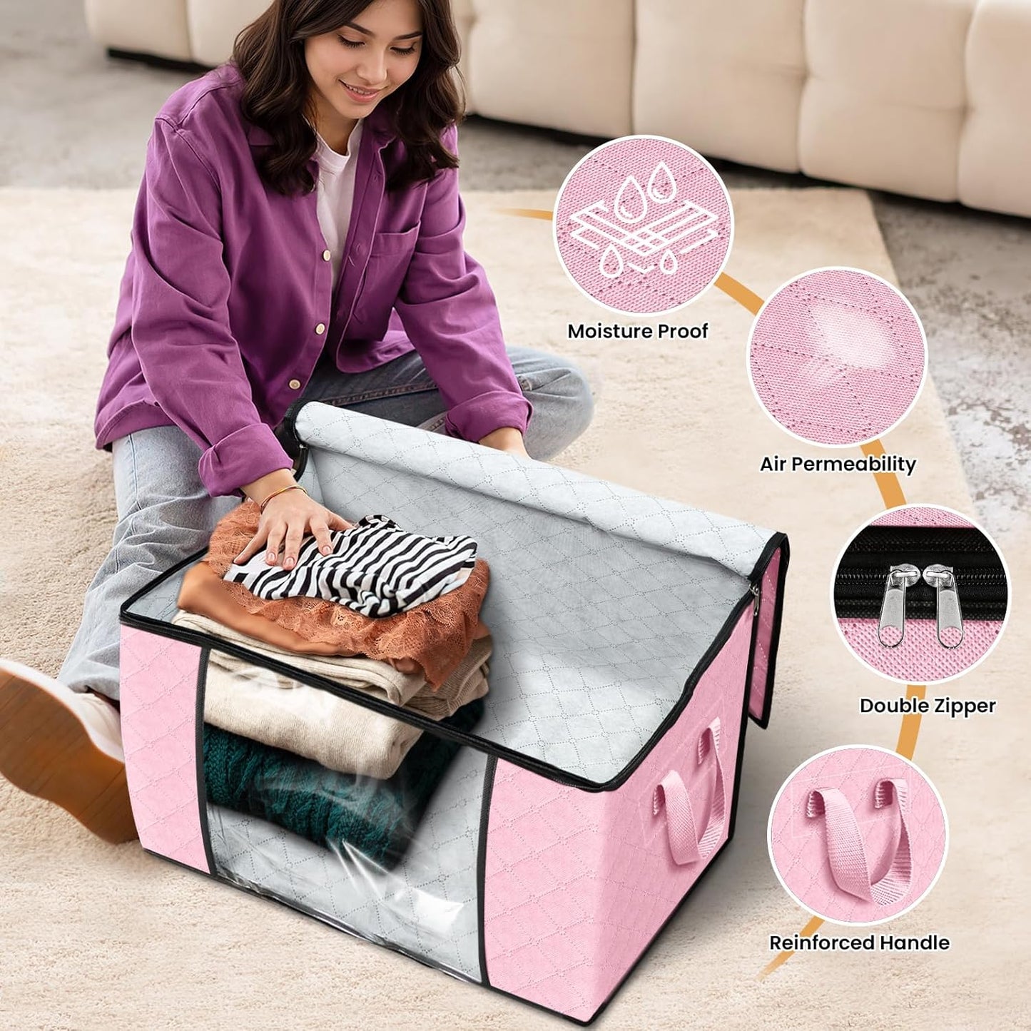 Fab totes 24 Gallons Clothes Storage, Foldable Thick Fabric Blanket Storage Bags, Containers for Organizing Bedroom, Closet, Clothing, Comforter, Organization with Handle (4 Pack,Pink)