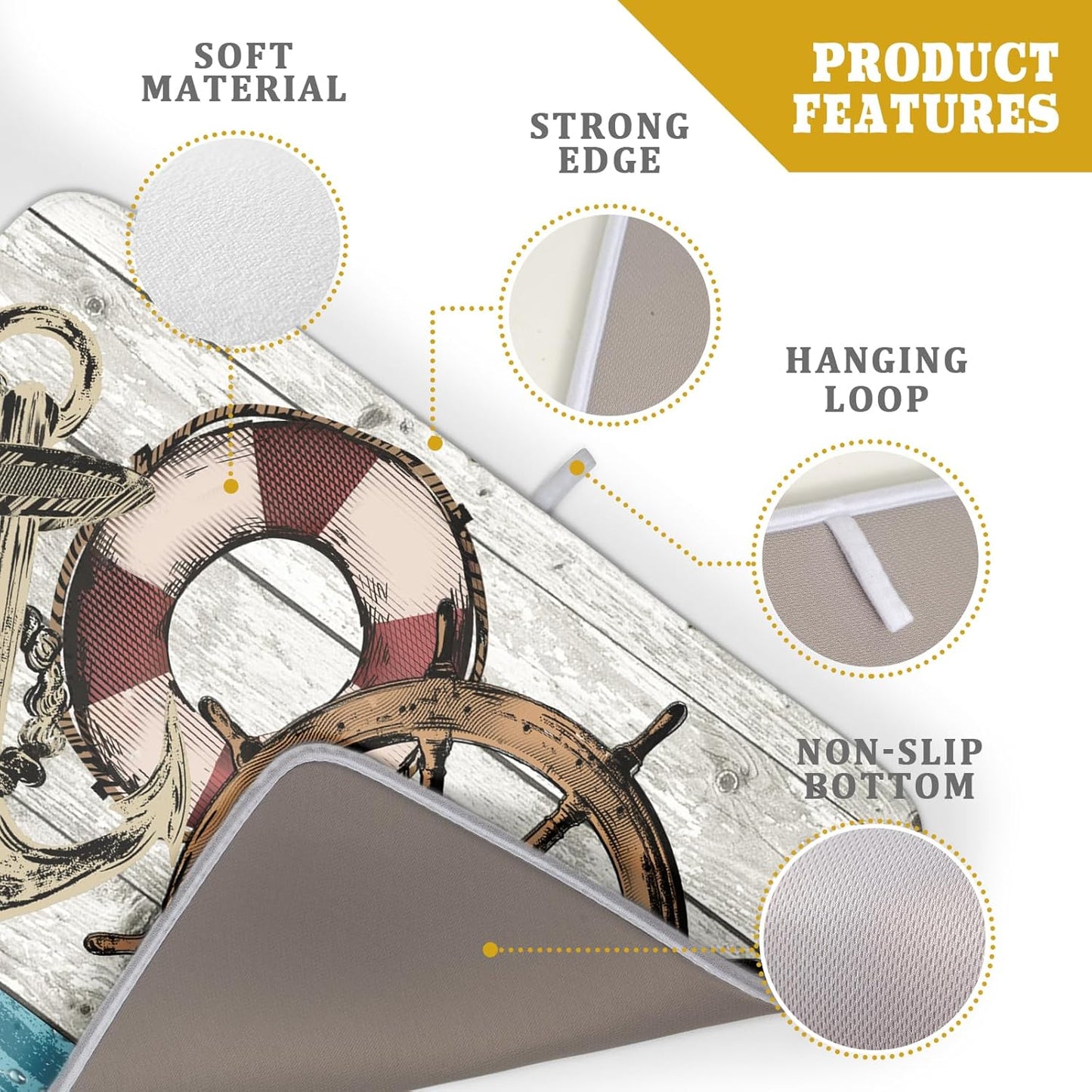 Nautical Anchor Dish Drying Mat 18x24 inch Coastal Boat Fast Dry Microfiber Reversible Dish Drainer Pad Kitchen Countertop Tabletop Decor