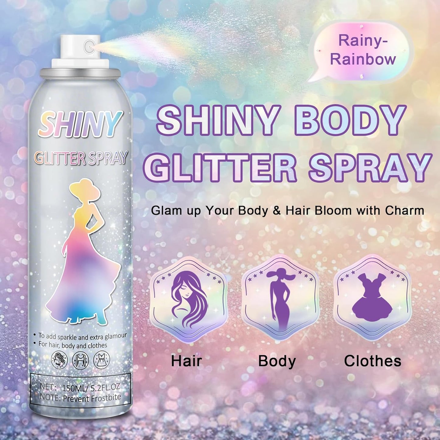 Body Glitter Spray,150ML Glitter Hairspray,Long-Lasting and Quick-Drying,Shimmer Spray for Kids Women,Suitable for Festival Music Concert Party,4.2 Fl Oz (Rainy-Rainbow)