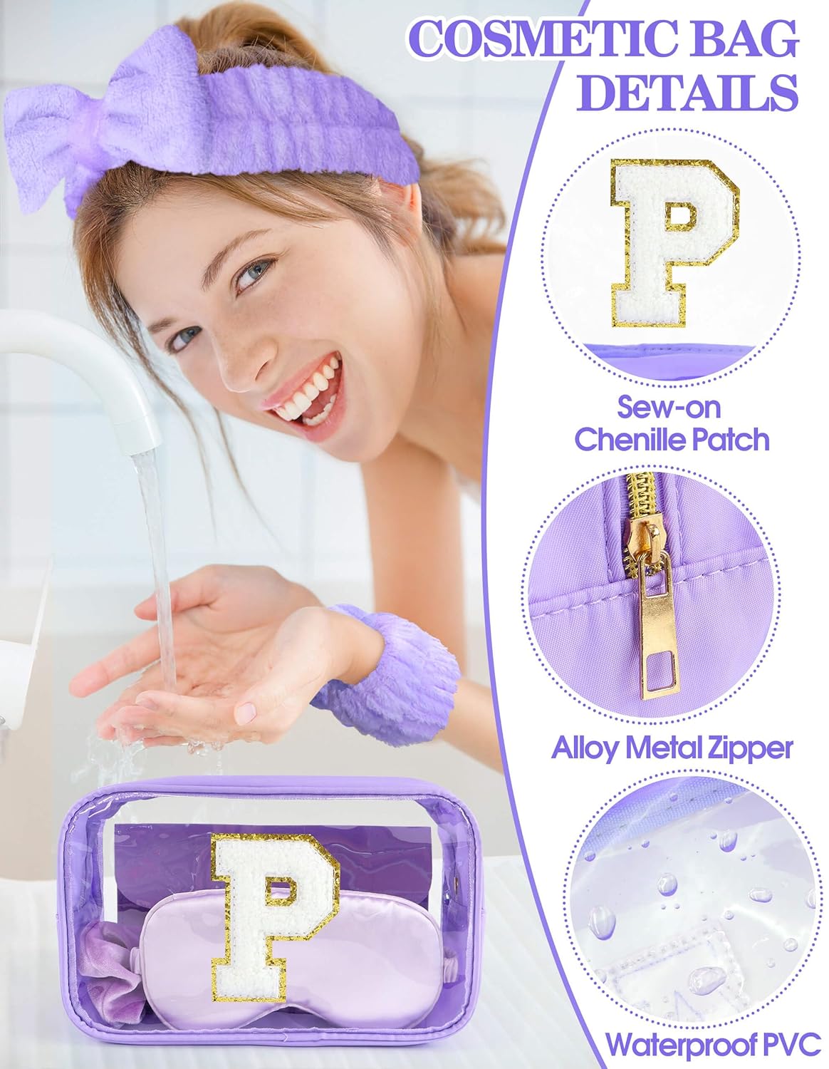 Gift Sets for Women, Initial Makeup Bag with Makeup Brush Set Bachelorette Party Favors, Purple Spa Kit with Skincare Headbands Wrist Bands Sleepover Party Supplies Gifts for Teen Girls Bridesmaid P