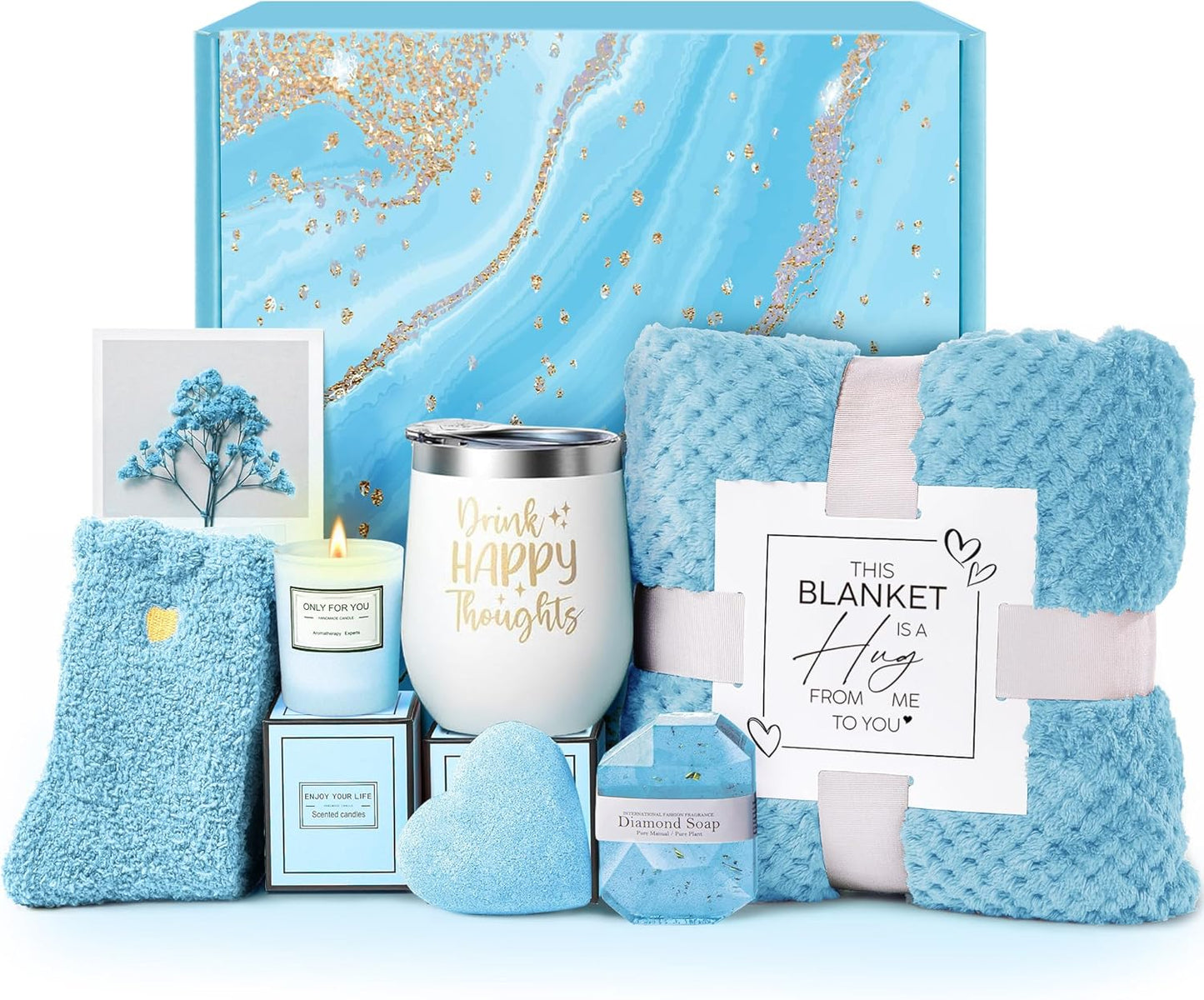 Self Care Get Well Soon Gifts for Women, Luxury Ocean Spa Gift Basket with Flannel Blanket - Unique Birthday Valentines Mother's Day Christmas Gifts for Mom Wife Girlfriend Best Friend Sister Her