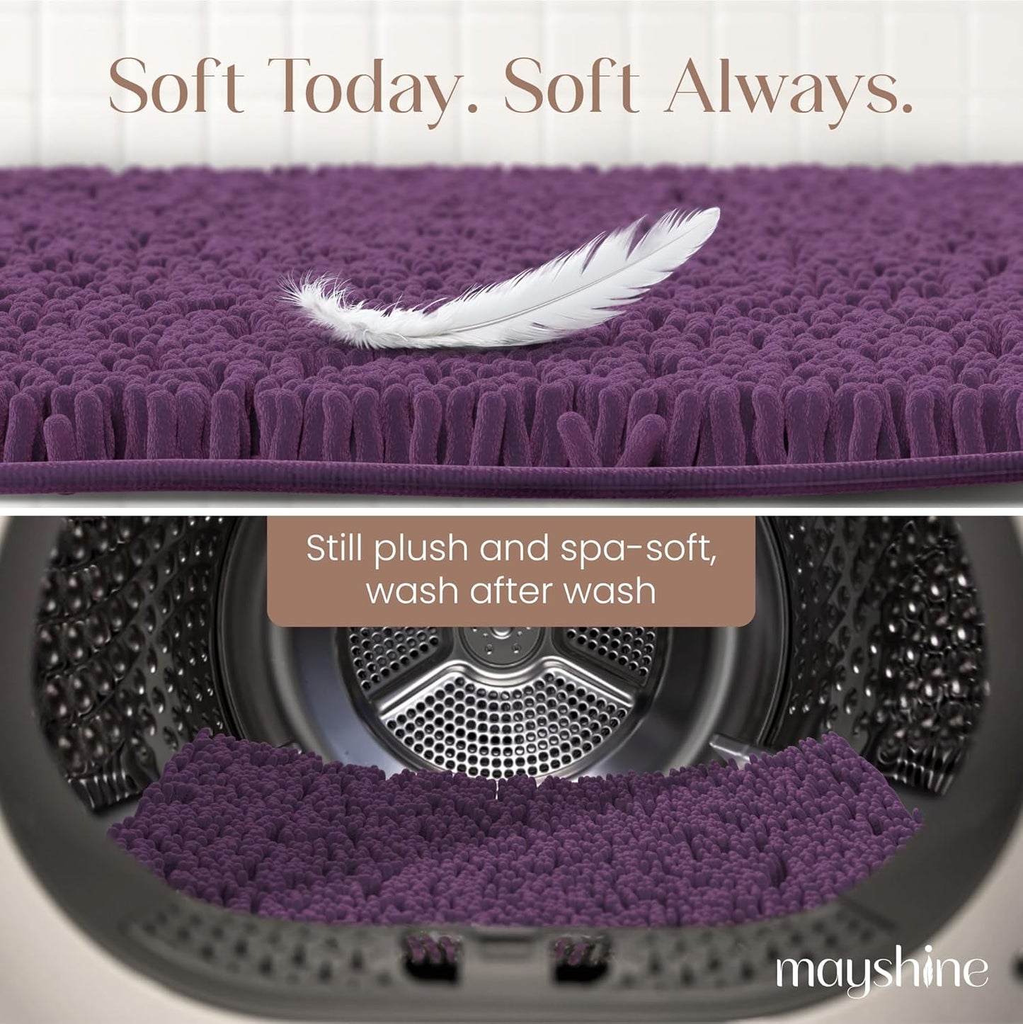 MAYSHINE Plush Shaggy Chenille Bath Mat | Extra Soft, Super Absorbent, Non-Slip Bathroom Rug | Fluffy Microfiber, Area Rug Sets for Bathroom Floor, Kitchen, Living Room | 59"x31" | Plum