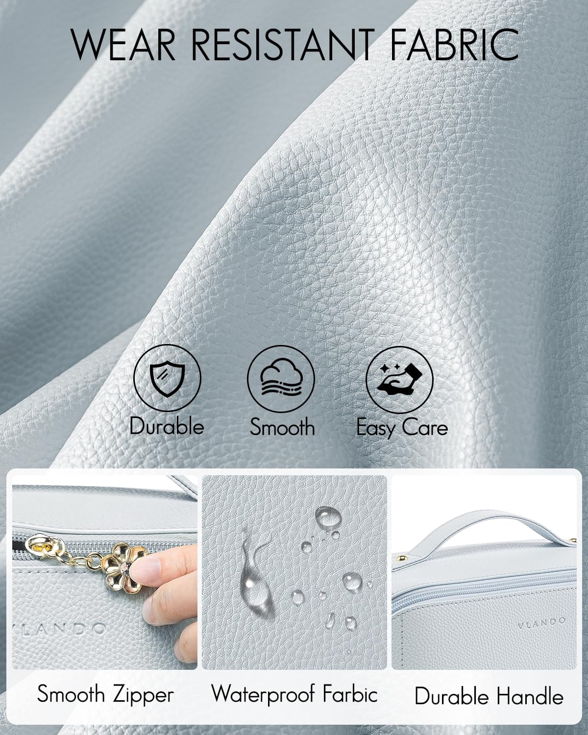 Vlando Makeup Bag,Large Capacity Toiletry Bag for Women Waterproof Portable Make up Pouch PU Leather Open Flat Cosmetic Bag(Baby Blue)