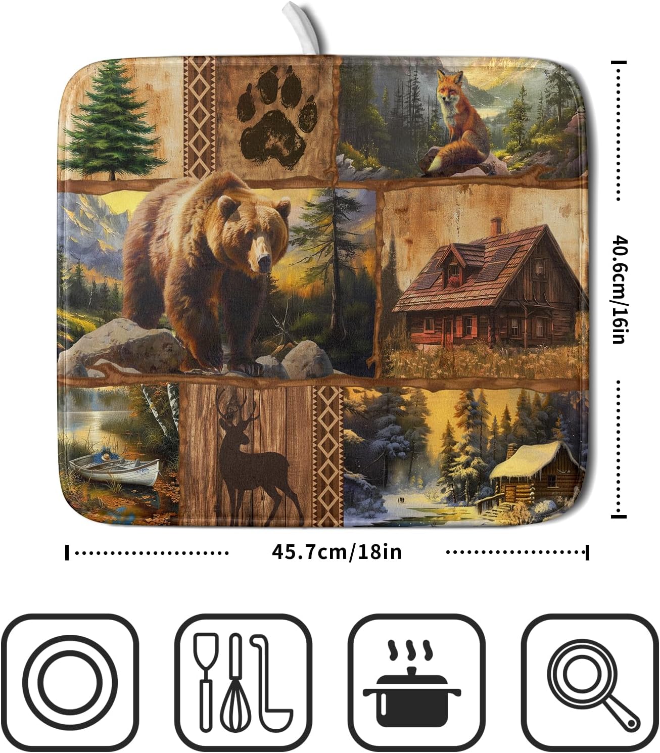 Bear Deer Fox Dish Drying Mat Rustic Cabin Lodge Dish Drainer Mats 16x18 Inch Absorbent Washable Dishes Rack Pad for Sink Kitchen Counter