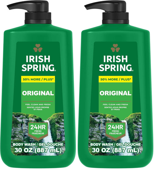 Irish Spring Men's Body Wash Pump, Original Clean Body Wash for Men, Smell Fresh and Clean for 24 Hours, Cleans Body, Hands, and Face, Made with Biodegradable Cleansing Ingredients, 30 Oz Pump