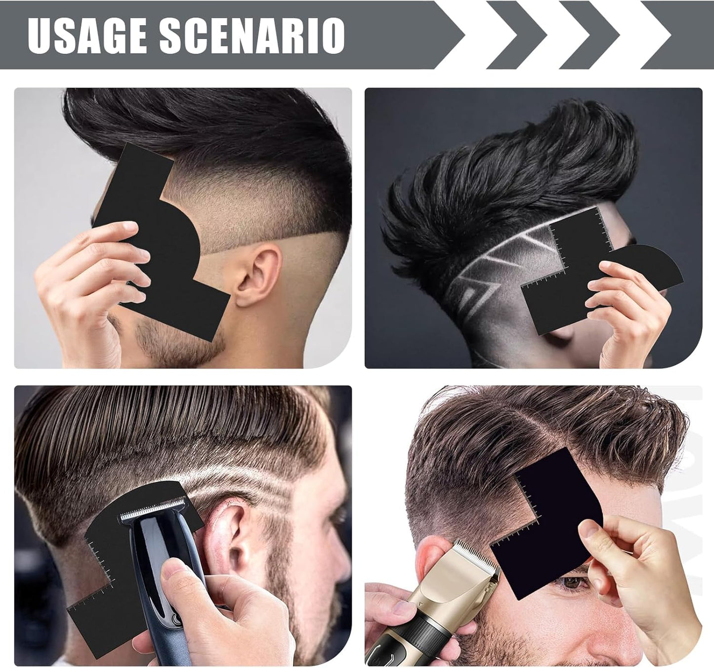 4 Pcs Enhancement Card for Barbers, Professional Hairline Shaping Tool with Measurement Indicators, Durable Reusable Shape Up Tool for Hairline and Beard, T+S+W+V Shaped