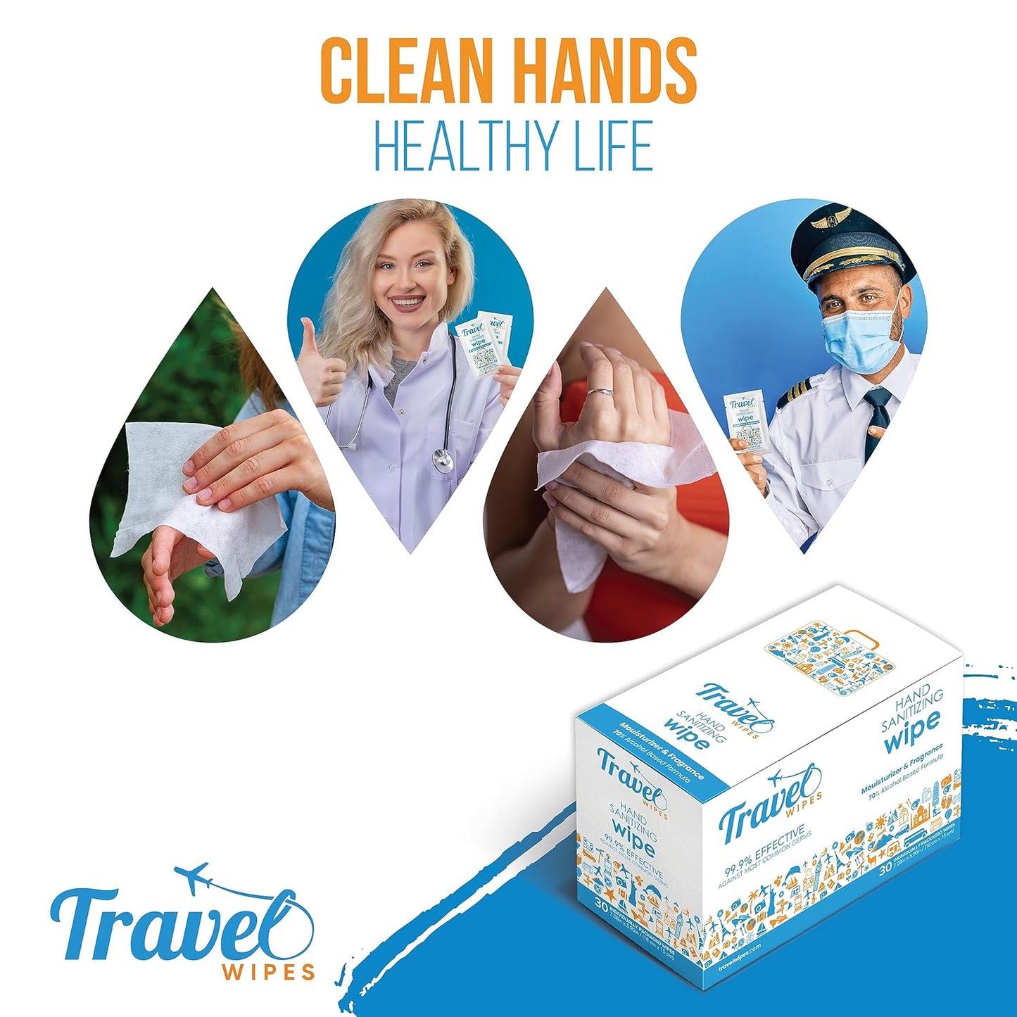 Hand Sanitizing Travel Wipes – 30ct Individually Wrapped | Fresh Citrus Scent, Moisturizing, 70% Alcohol Wipes | Travel, Home, Office, Daily Use | Made in USA