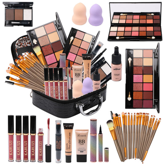 All in One Makeup Kit - 2X14 Eyeshadow Palette, Liquid Foundation, Eyeliner Pencils, Contouring Stick, Lip Gloss, 20Pcs Makeup Brushes (Black)