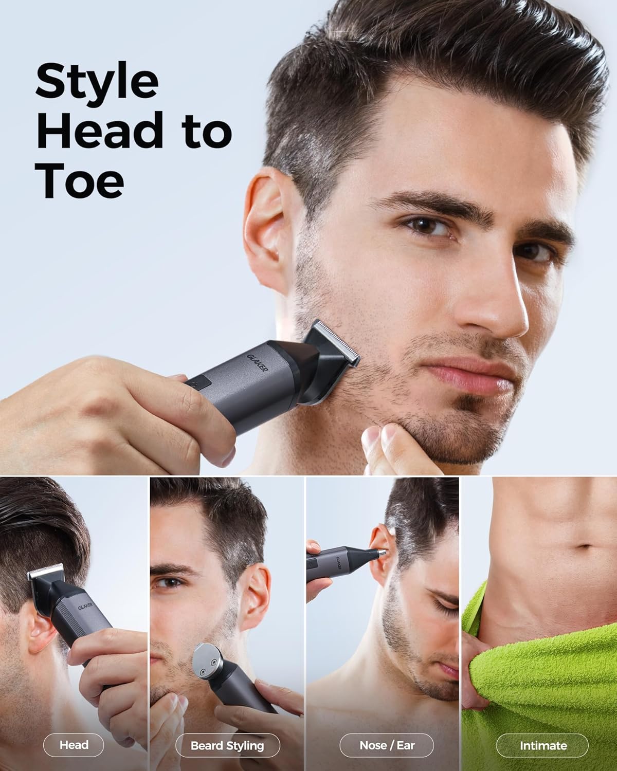 GLAKER Beard Trimmer for Men,Cordless Hair Trimmer,Electric Razor with Interchangeable Magnetic Attachments for Hair Body Facial Trimming,6 in 1 Men Gromming Kit with Storage Bag and Beard Bib Apron