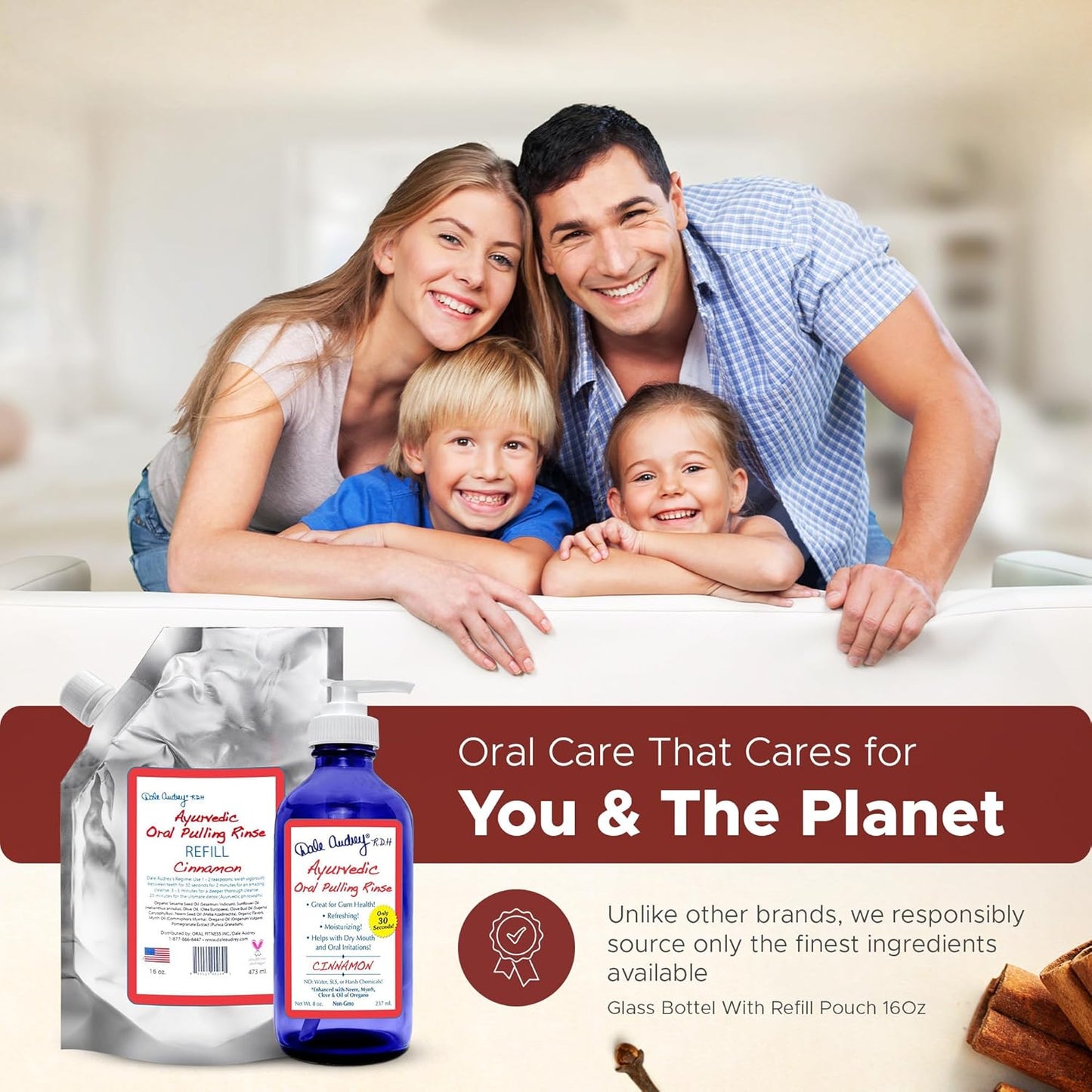 Natural Oil Pulling for Teeth and Gums | Cinnamon Flavored Oral Rinse Mouthwash for Bad Breath | Organic Essential Oil for Teeth Whitening & Gum Health, Cobalt Glass Bottle with Refill Pouch-16 FL Oz