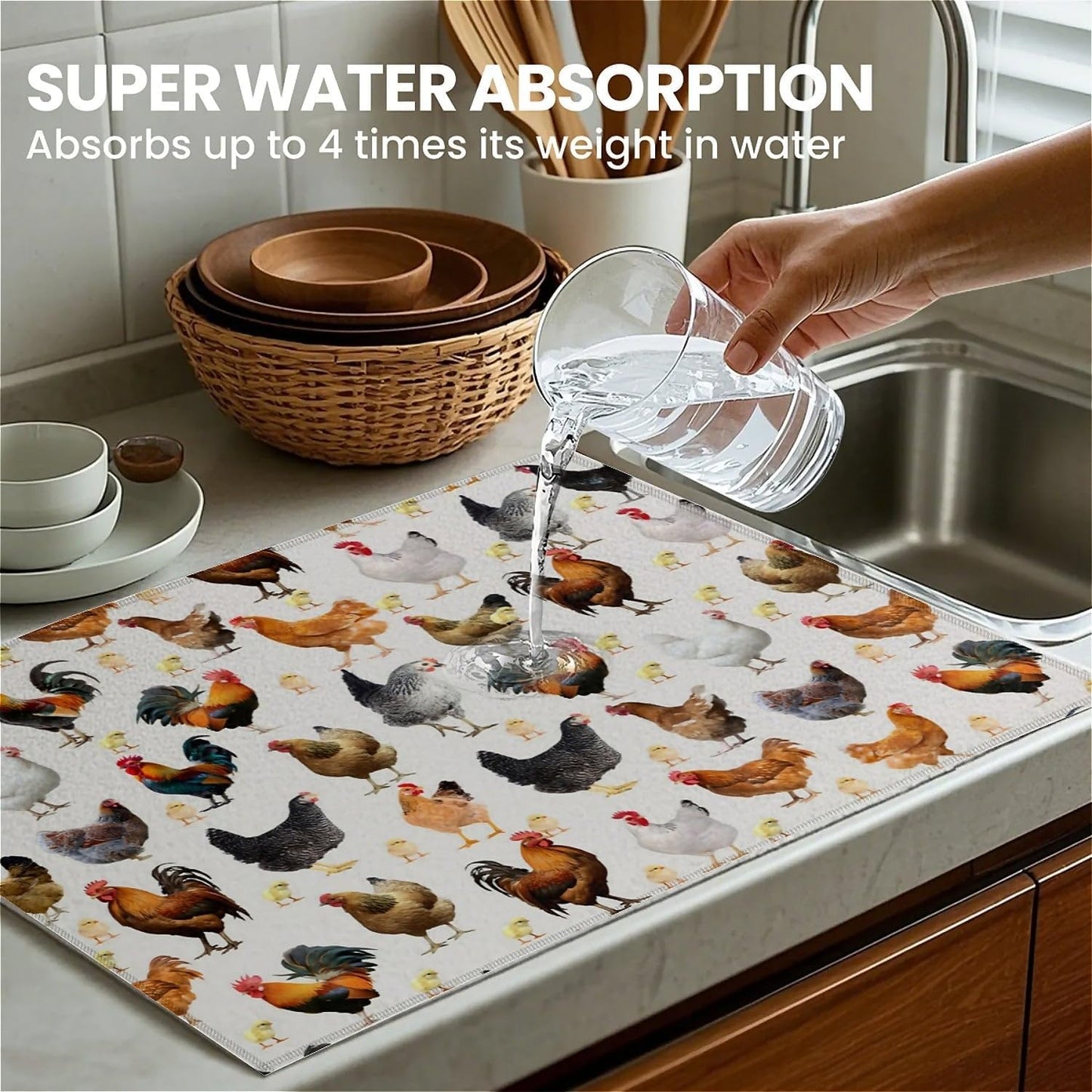 Dish Drying Mat For Kitchen Counter, Hens Roosters And Chickens Microfiber Absorbent Dish Drainer Rack Pad Reusable Large 18x24in Drying Mat