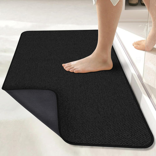 Bath Mat,Ultra Thin Bathroom Runner Rugs,Large Bath Mats for Bathroom,Quick Dry,Non-Slip,Machine Washable,Low Pile,Bath Rug,Shower Outside,Sink,Home Decor Accessories.Black,1'5"x2'11"(17x35inch)