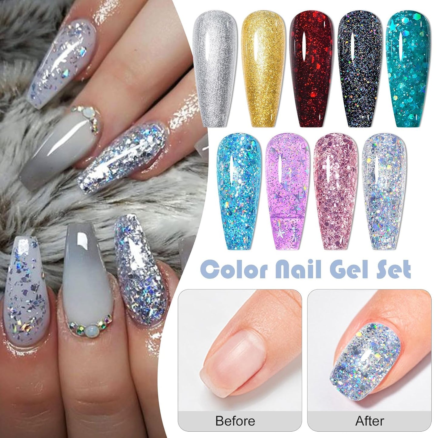 MEET ACROSS 9 Colors Gel Nail Polish + 3PCS Function Gel Nail Polish Kit,Fashion Nail Art Set Design Gifts for Women Manicure Salon (SET12, 12pcs)