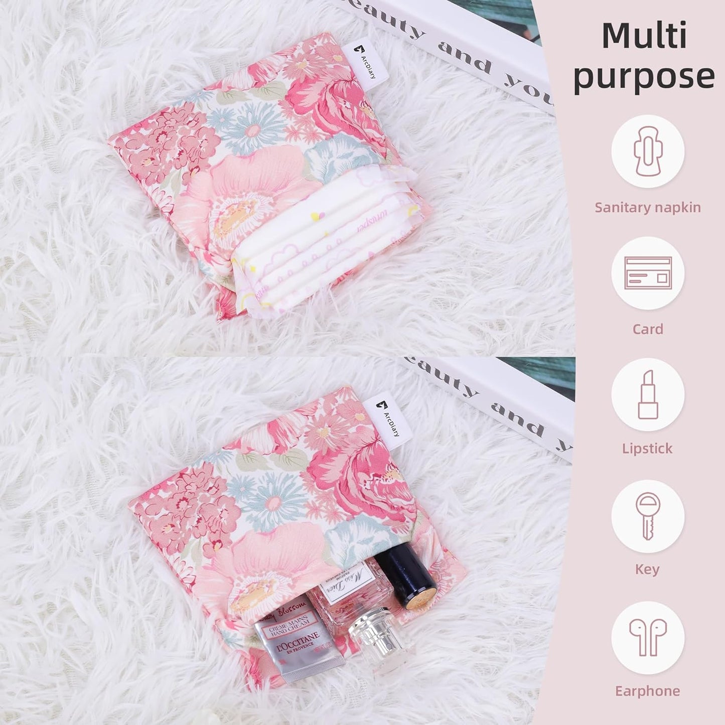 Period Bag for Teen Aged Girls, Portable Sanitary Pad Storage Bag for Teen Pads/Sanitary Napkins/Small Tampons, Feminine Menstrual Cup Pouch (Blooming)