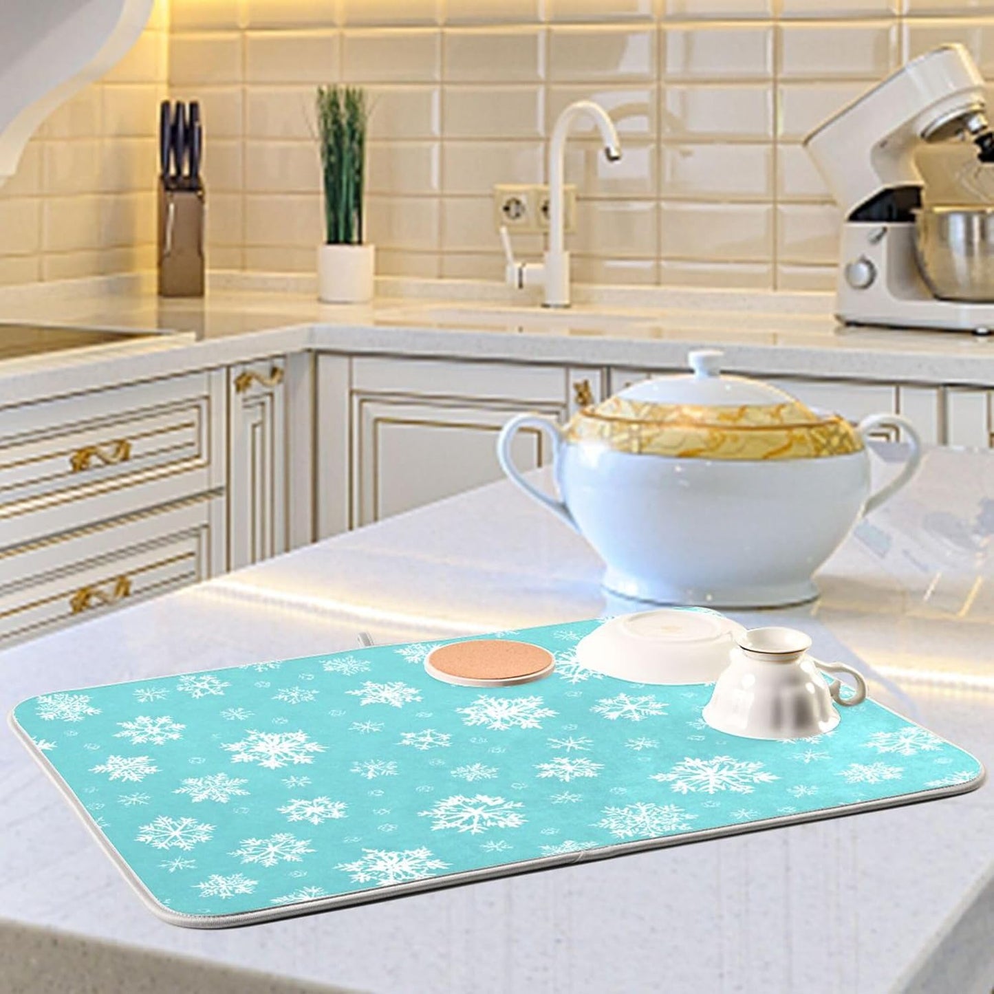 Winter Snowflake Turquoise Dish Drying Mat for Kitchen Countertop 16x18 Christmas Snow Aqua Xmas Small Drying Mat Reusable Quick Dry Dish Sink Mats Easy Clean Decorative Essentials