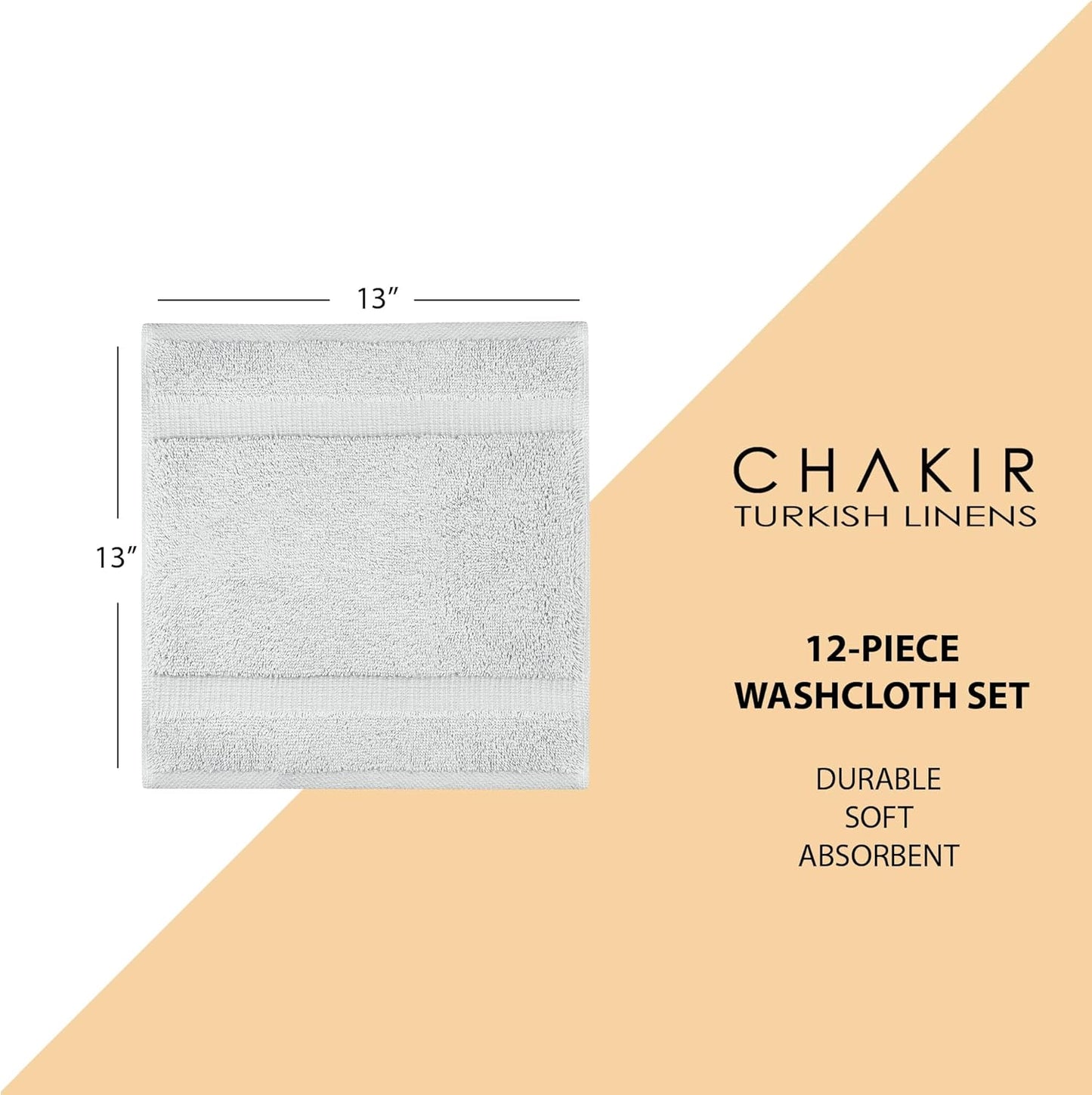 Chakir Turkish Linens | Hotel & Spa Quality 100% Cotton Premium Turkish Towels | Soft & Absorbent (12-Piece Washcloths, Silver Gray)