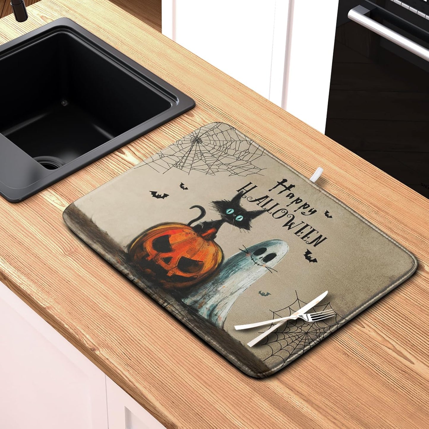 Happy Halloween Dish Drying Mat for Dishs 18x24 Inch Halloween Pumpkin Ghost Black Cat Kitchen Drying Mat Spooky Spiderweb Holiday Dish Drainer Mat Super Absorbent Dish Rack Pad for Coffee Bar Sinks