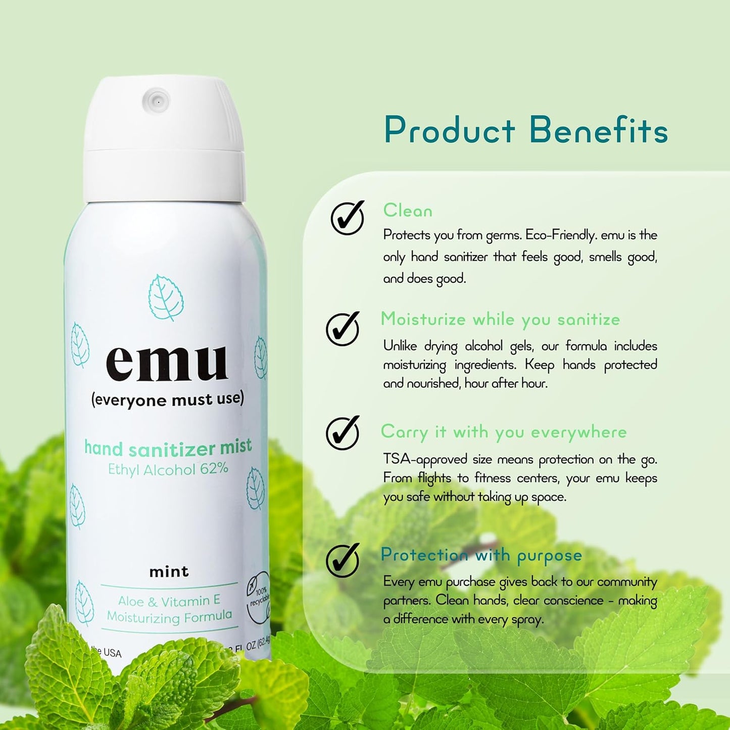 EMU (EVERYONE MUST USE) Hand Sanitizer pocket spray, Travel size 2.2oz. Cleanses Your Hands, Hydrating. Hand soap bulk. 24-hour disinfectant sanitizing. Made in USA (Pack3_Mint)