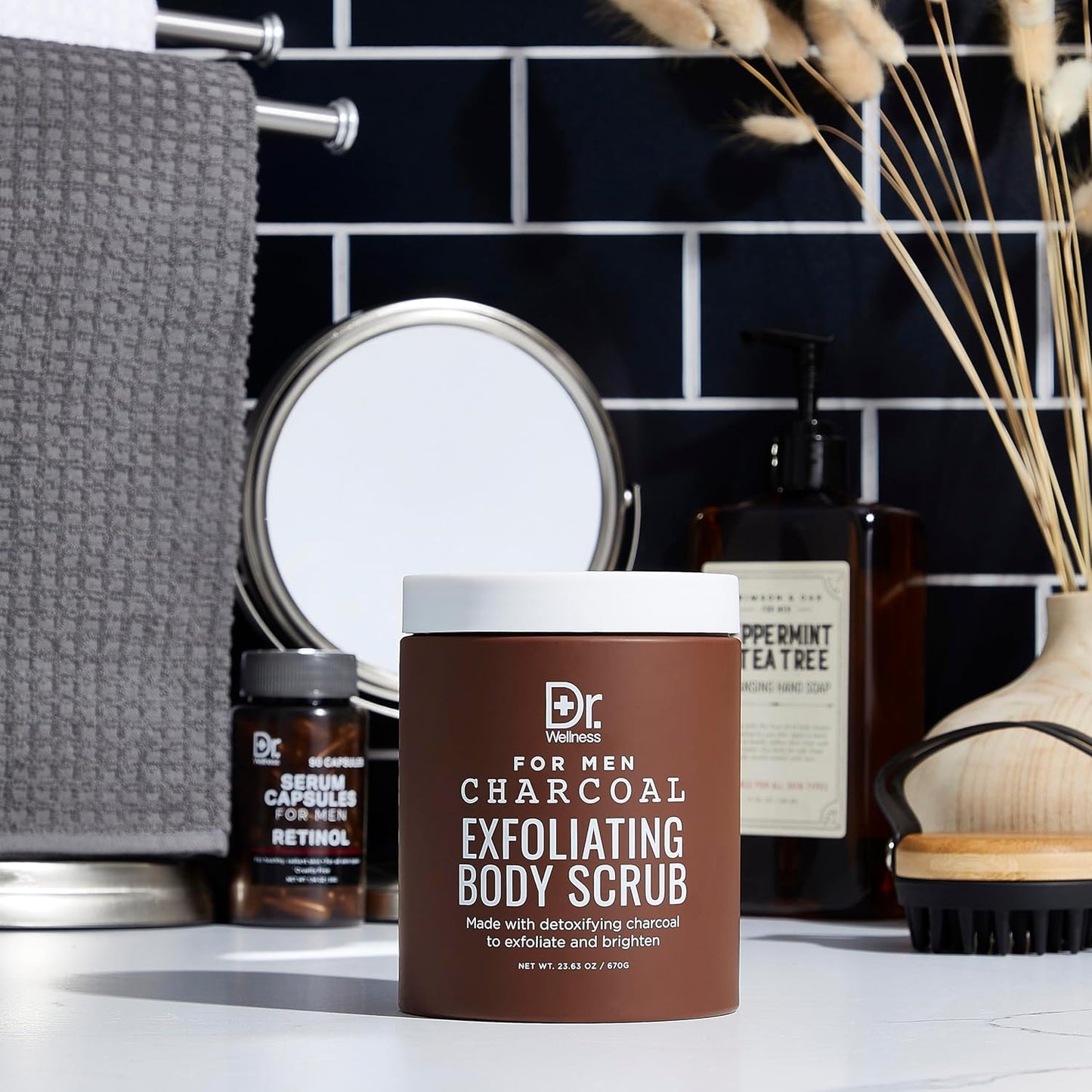 Dr. Wellness Body Scrub for Men- Ultimate Exfoliating Scrub Infused with Charcoal, Men’s Body Wash in Jar with Twist Top, 23 oz, For All Skin Types