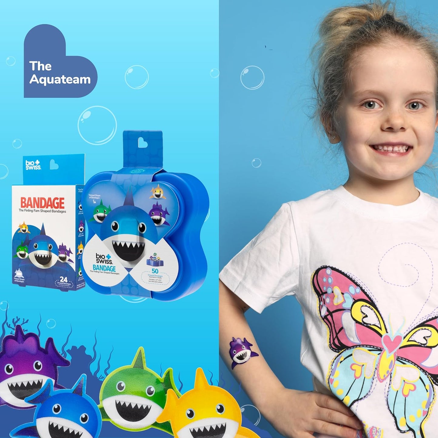 BioSwiss Kids Bandages, Finling Fam Shark Shaped Self Adhesive Bandage Set, Latex Free, Sterile Wound Care, 24 Count