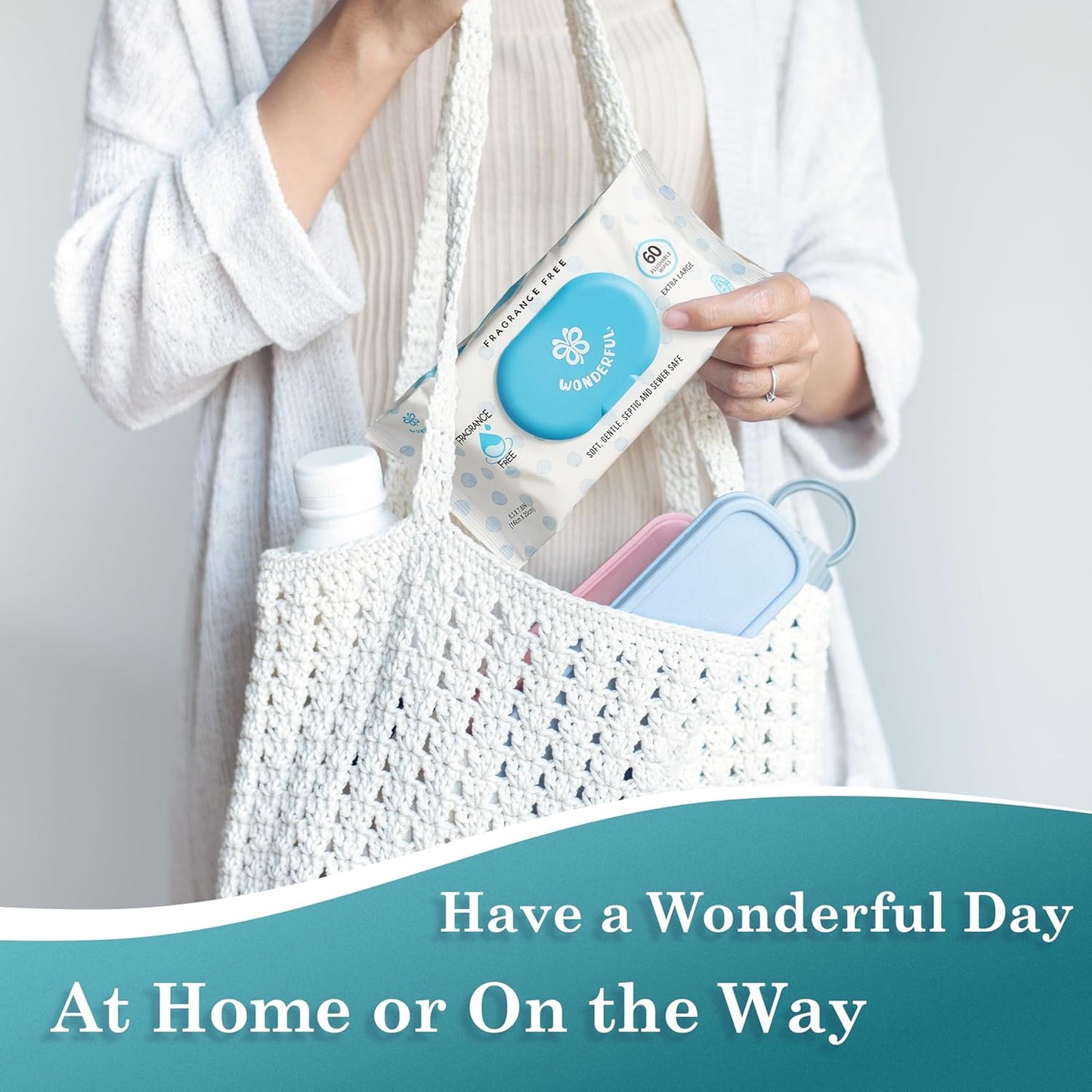 WONDERFUL Flushable Butt Wipes, Unscented 100% Plant-Based Wet Wipes for Adults & Kids, Sewer & Septic Safe, Gentle for Sensitive Skin, Wipes Flushable Pack for Bathroom & Travel, 1-Pack (60 Wipes)