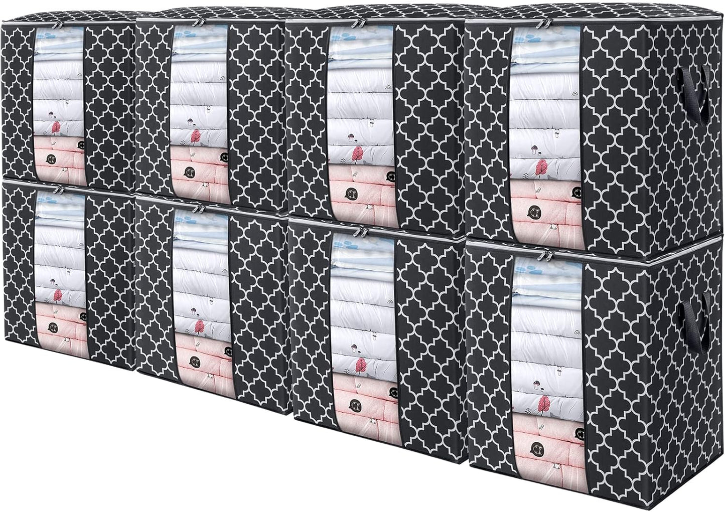 WISELIFE Storage Bags 8 Pack/100L Large Blanket Clothes Organization and Storage Containers for Comforters,Bedding, Foldable Organizer with Reinforced Handle, Clear Window, Sturdy Zippers,Black