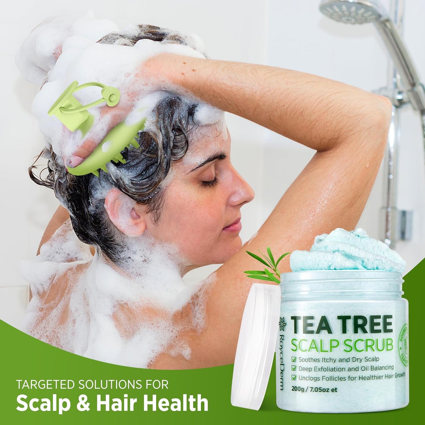 Roycederm Tea Tree Scalp Scrub with Scalp Massager Brush - Deep Cleansing, Itchy Relief Scalp Treatment for Dandruff, Psoriasis & Seborrheic Dermatitis - Gently Exfoliator, Relieves Dryness