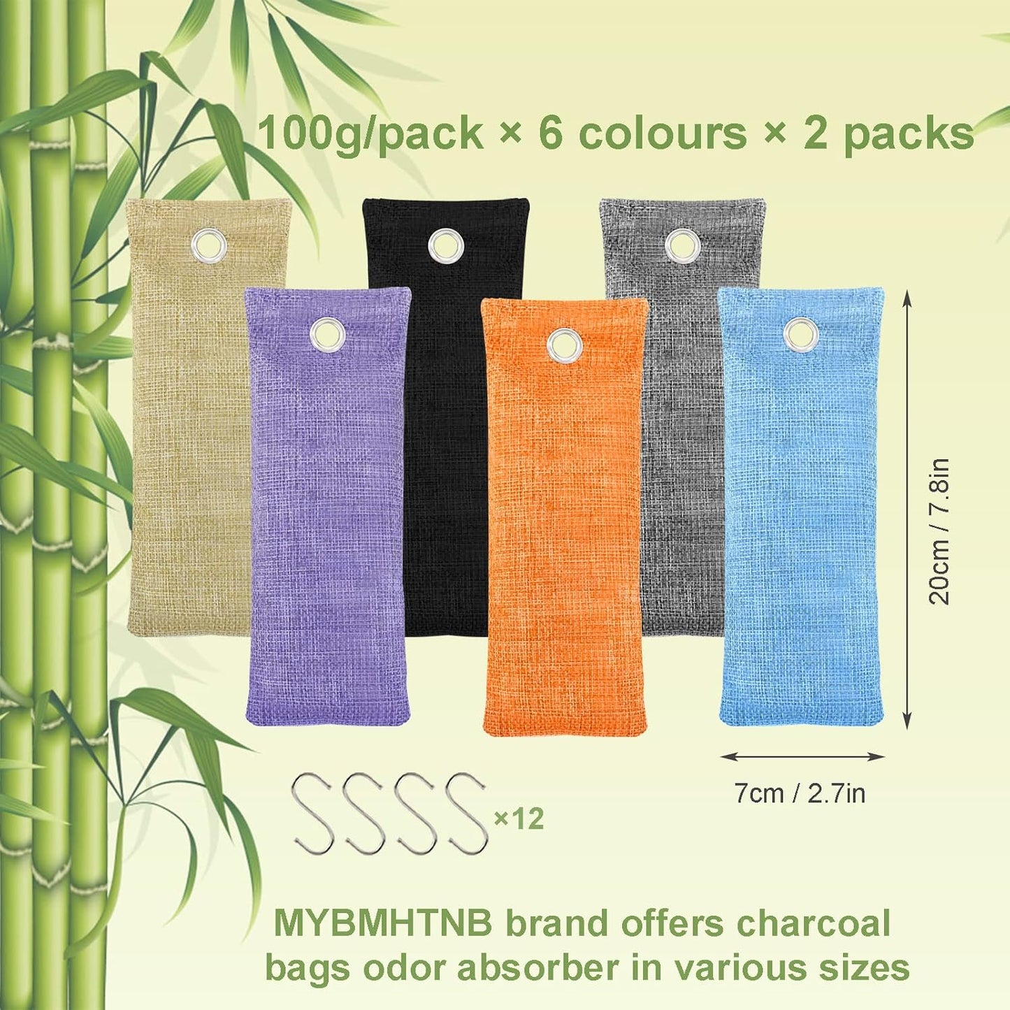 Charcoal Air Purifying Bags 12 Pack×100g Bamboo Charcoal Bags Odor Absorber, for Car Air Fresheners, Odor Eliminator for Home,Shoe Deodorizer - Colorful-Activated Charcoal Odor Absorbers