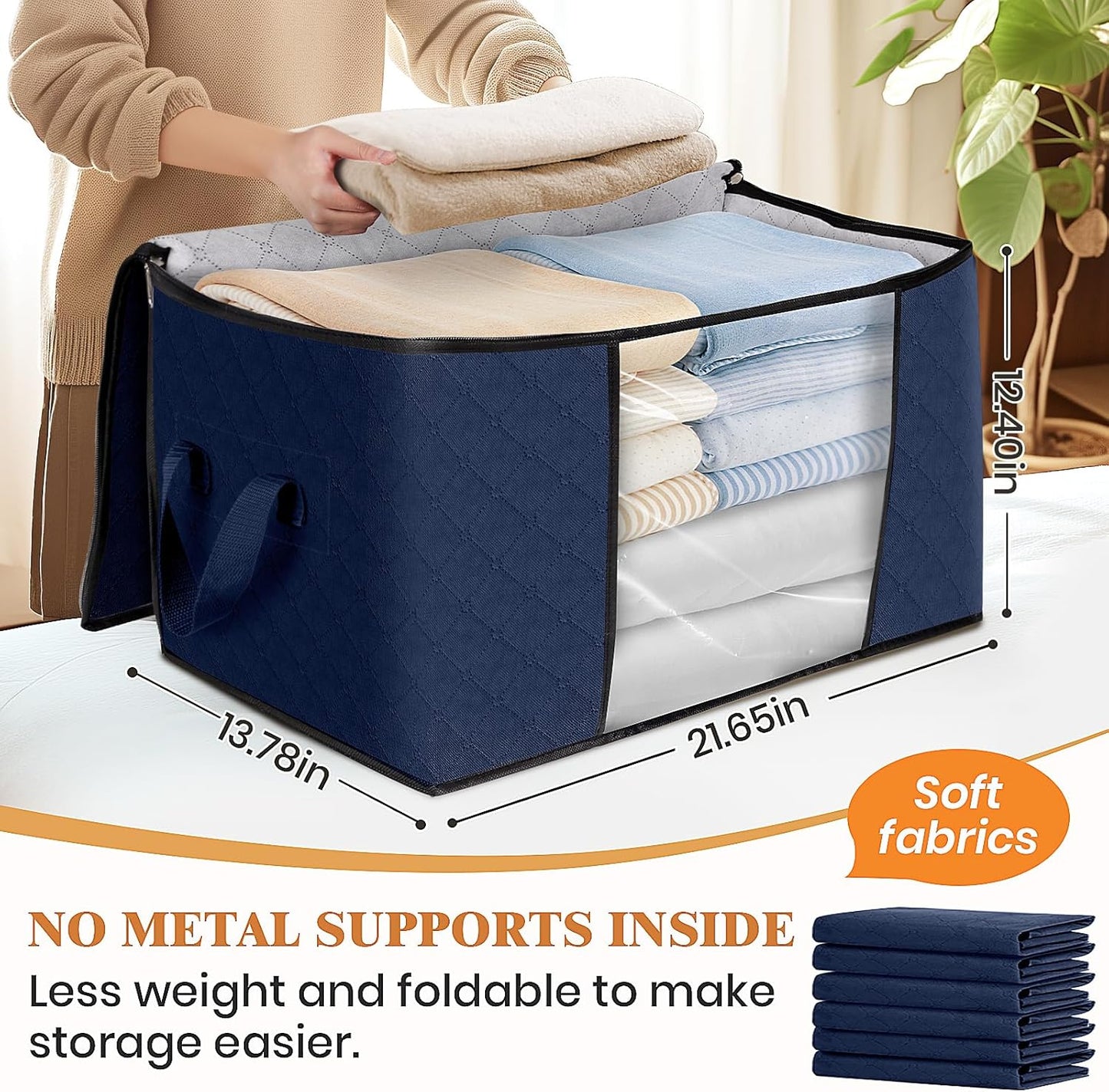Fab totes 8 Pack Clothes Storage, Foldable Thick Fabric Blanket Storage Bags, Containers for Organizing Bedroom, Closet, Clothing, Comforter,Closet Organization with Handle,Blue