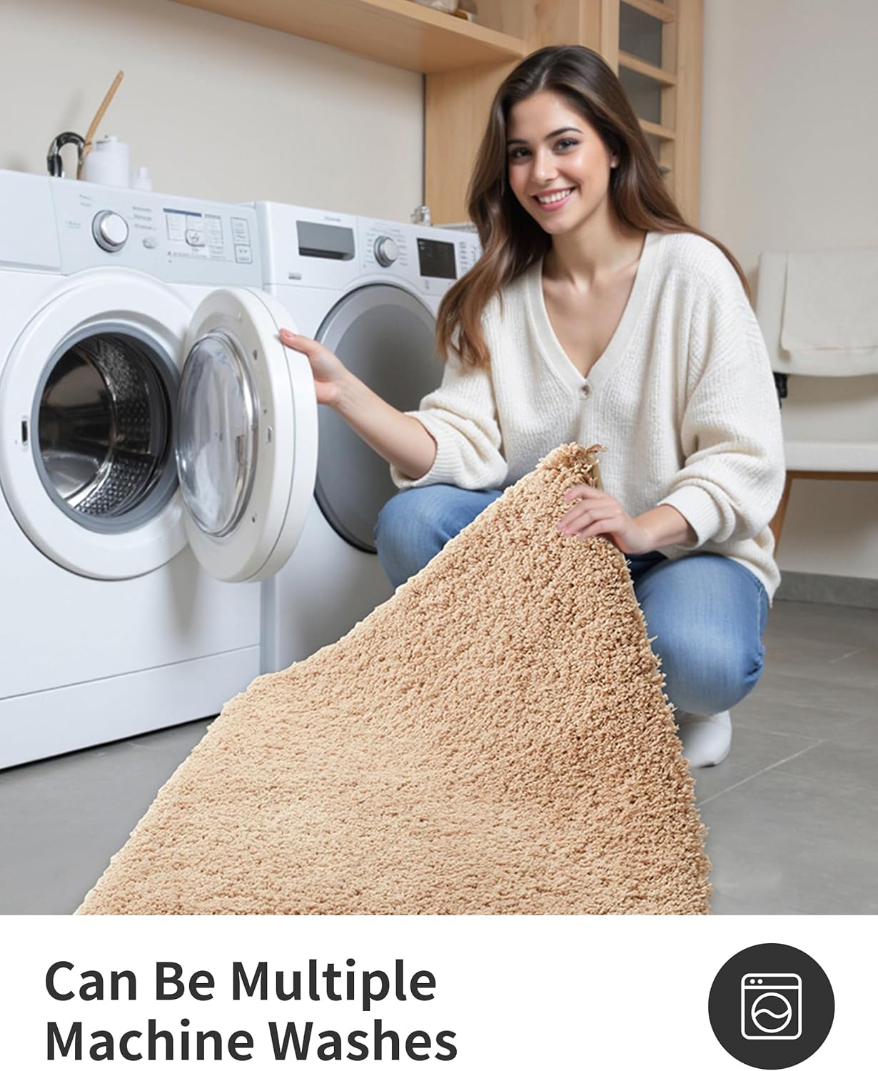 ILANGO Beige Bathroom Rugs 36" × 24" Non Slip & Super Absorbent Extra Thick Soft, Washable Bath Mat for Floor, Microfiber Plush Shaggy Bath Rug with Rubber for Bathtub Shower Room Sink