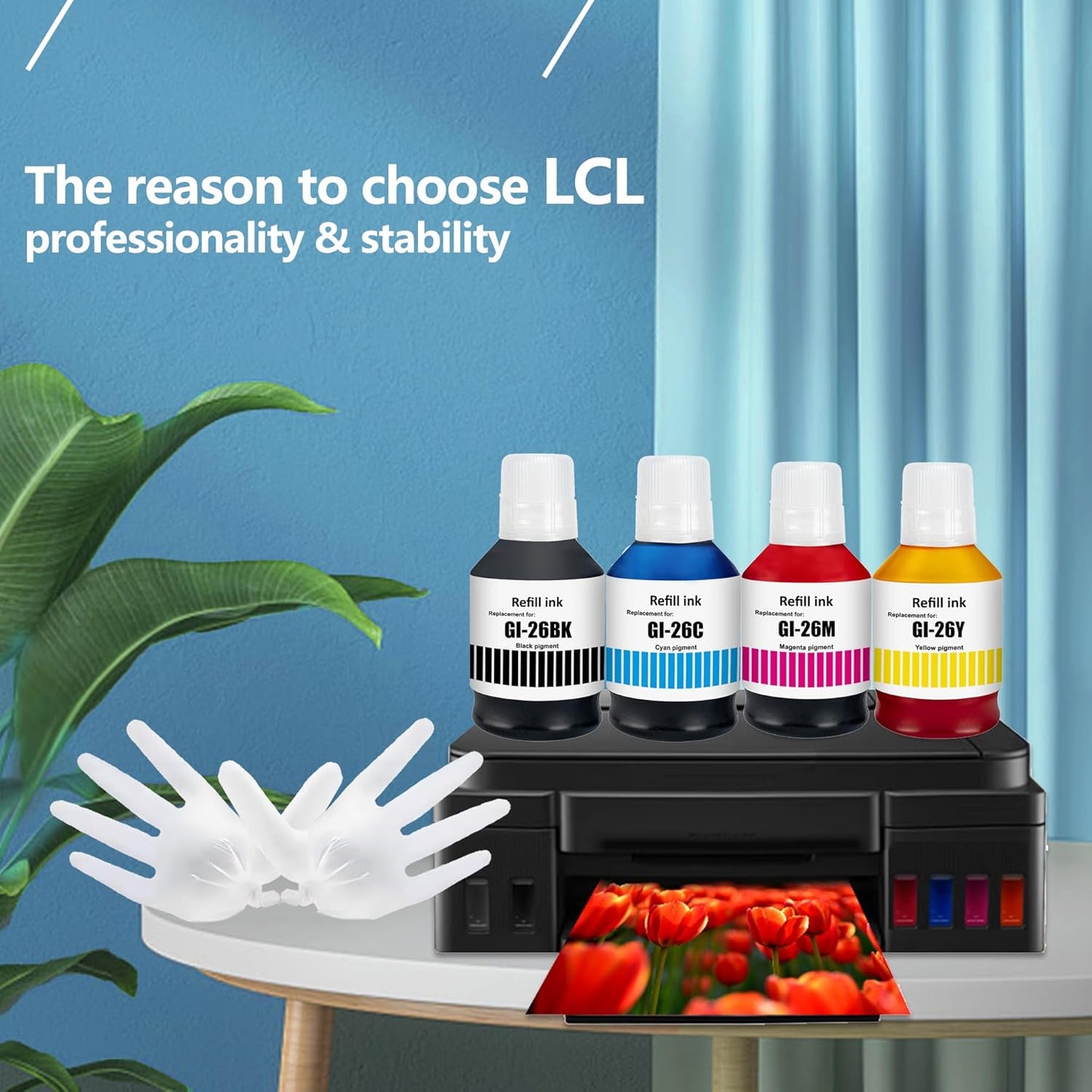 LCL GI-26 GI26 Ink Bottles Replacement for Canon 26 GI26 GI-26 Ink Refill Bottles Compatible with Canon MAXIFY GX7021 GX6021 GX7020 GX6020 GX5020 GX4020 GX3020 Printer (4-Pack,KCMY)