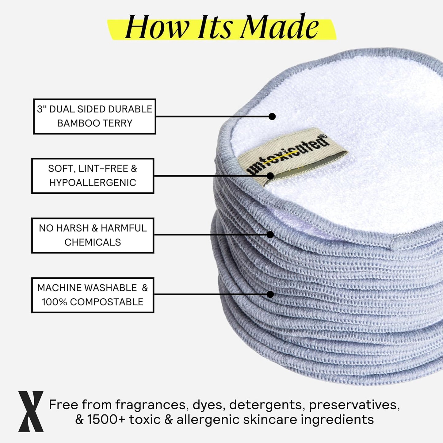 Untoxicated Ultra Soft Cleansing Pads - Double-Layered Reusable Bamboo Terry Rounds - Makeup Removal & Skincare for Sensitive Skin - Soft & Durable - Includes Washable Storage Bag - 10CT