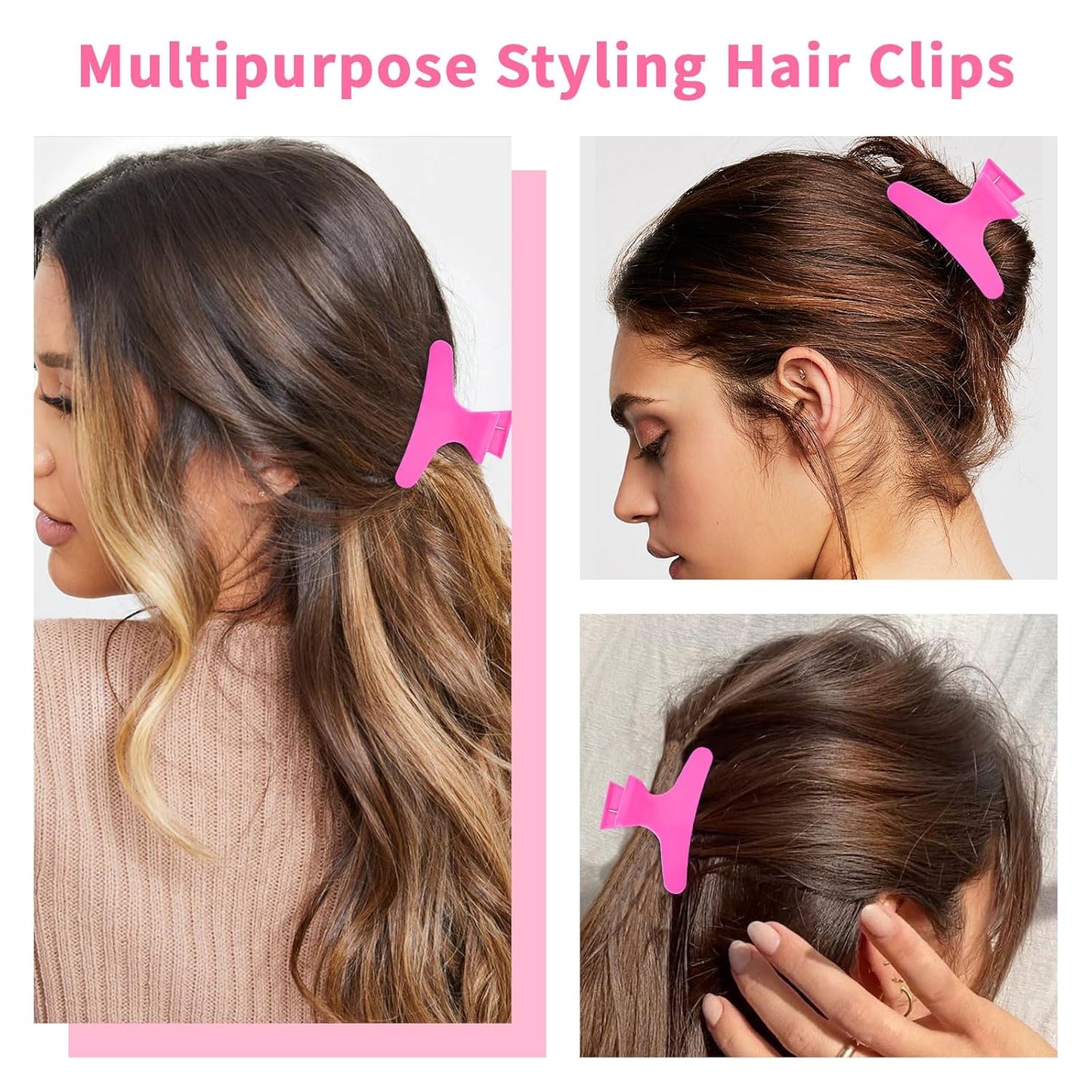 Ondder Hot Pink Hair Clips for Styling Sectioning Butterfly Pro Hair Claws Clamps Clips for Cutting, Styling, Sectioning, Coloring Hair Styling Claw Clips Hair Accessories