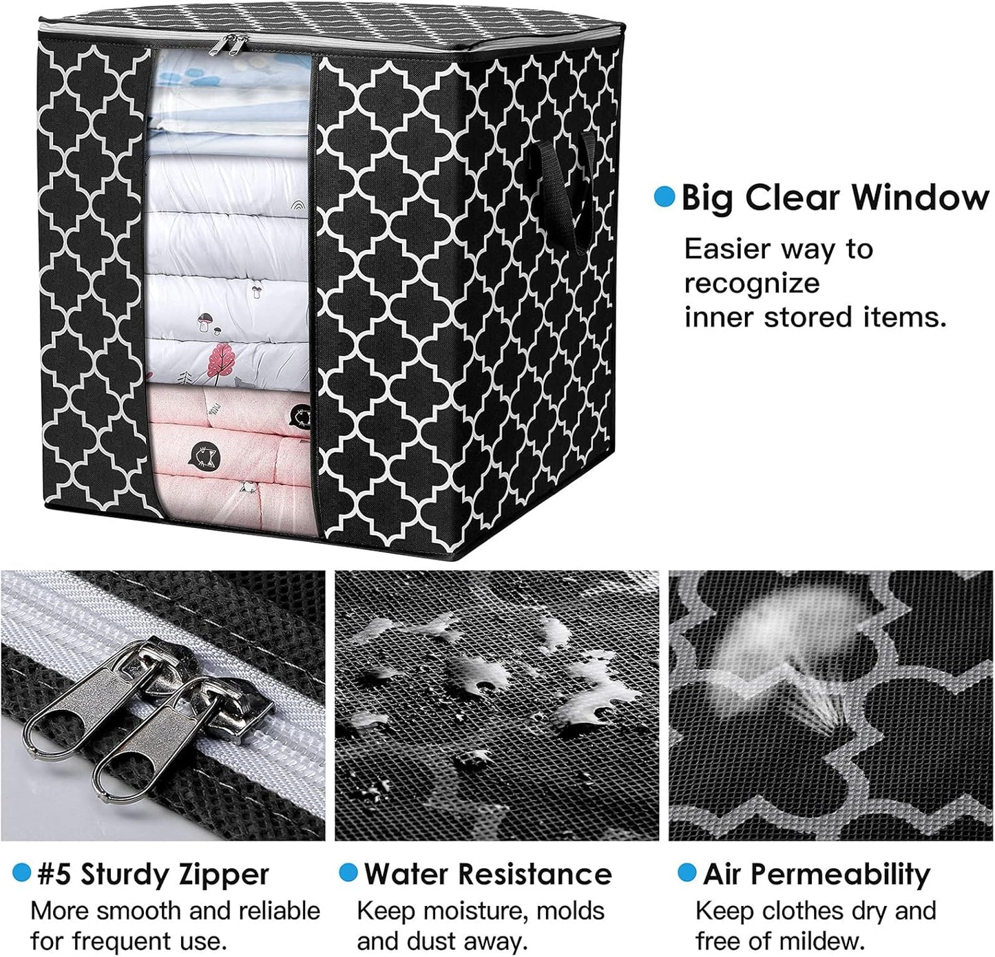 WISELIFE Storage Bags 2 Pack/100L Large Blanket Clothes Organization and Storage Containers for Comforters,Bedding, Foldable Organizer with Reinforced Handle, Clear Window, Sturdy Zippers,Black