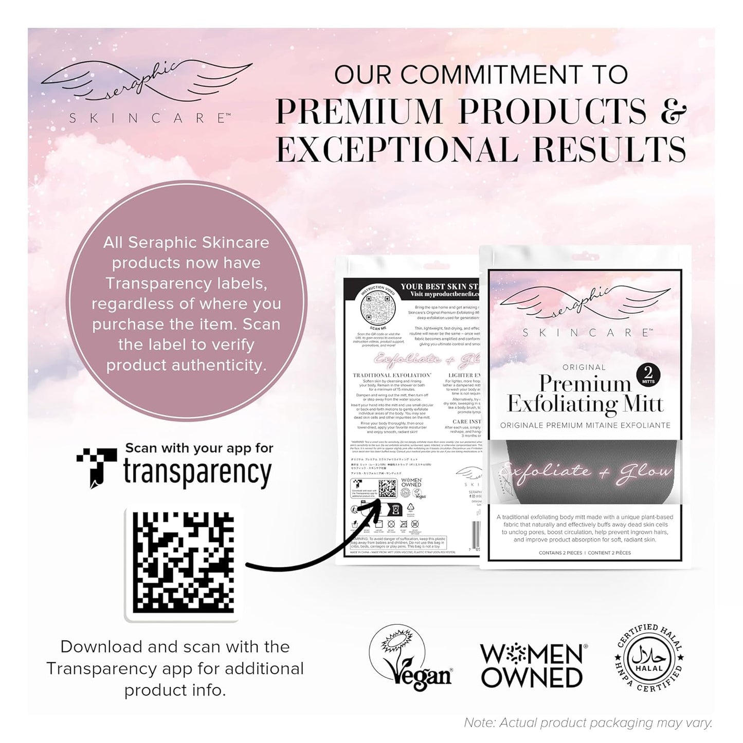 Seraphic Skincare (Original) Premium Exfoliating Mitt for Body (1pc) & Back Exfoliator – Body Exfoliator for Self-Tan Removal – Dual-Sided Back Scrubber for Deep Exfoliation & Cleansing