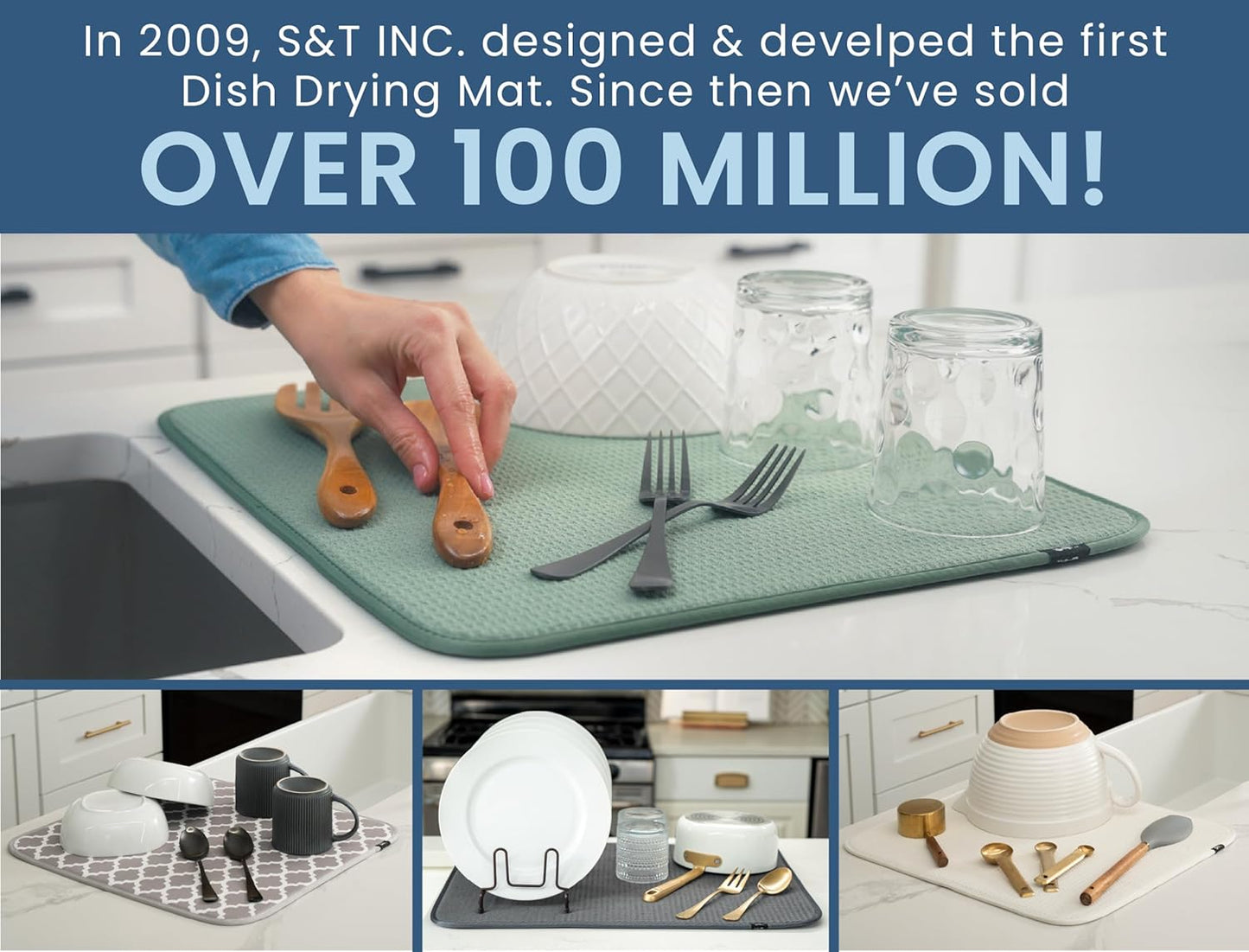 S&T INC. Dish Drying Mat XL, 18” x 24”, Absorbent Microfiber Kitchen Counter Mat, Dish Drying Pad for Dishes, Utensils, Pots and Pans, Extra Large, Sky Blue