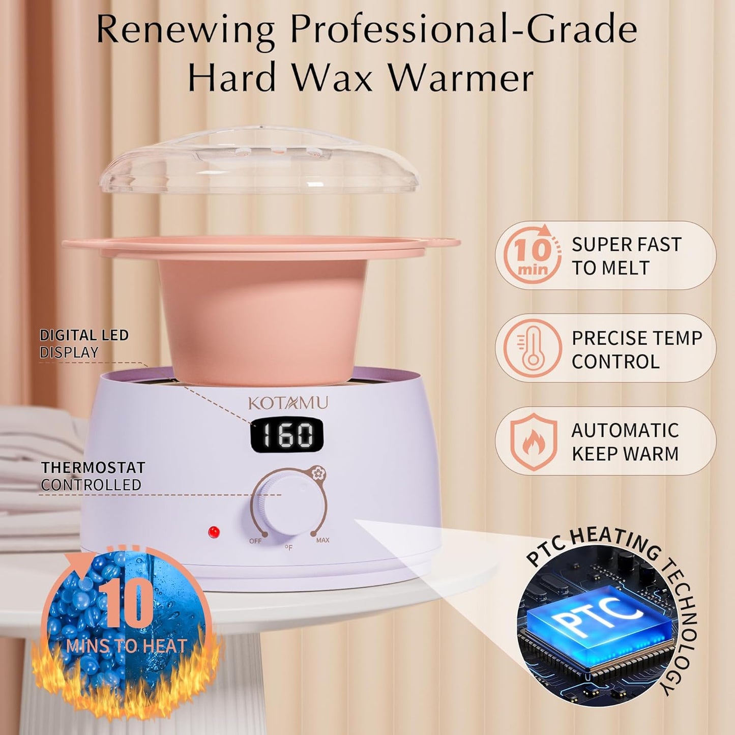 KOTAMU Waxing Kit for Women & Men, Wax Warmer for Hair Removal, Digital Wax Kit with SiliconePot,Ideal for Face Eyebrow Arm Legs Armpit &Sensitive Skin, Purple Waxing Machine With 44 Accessories