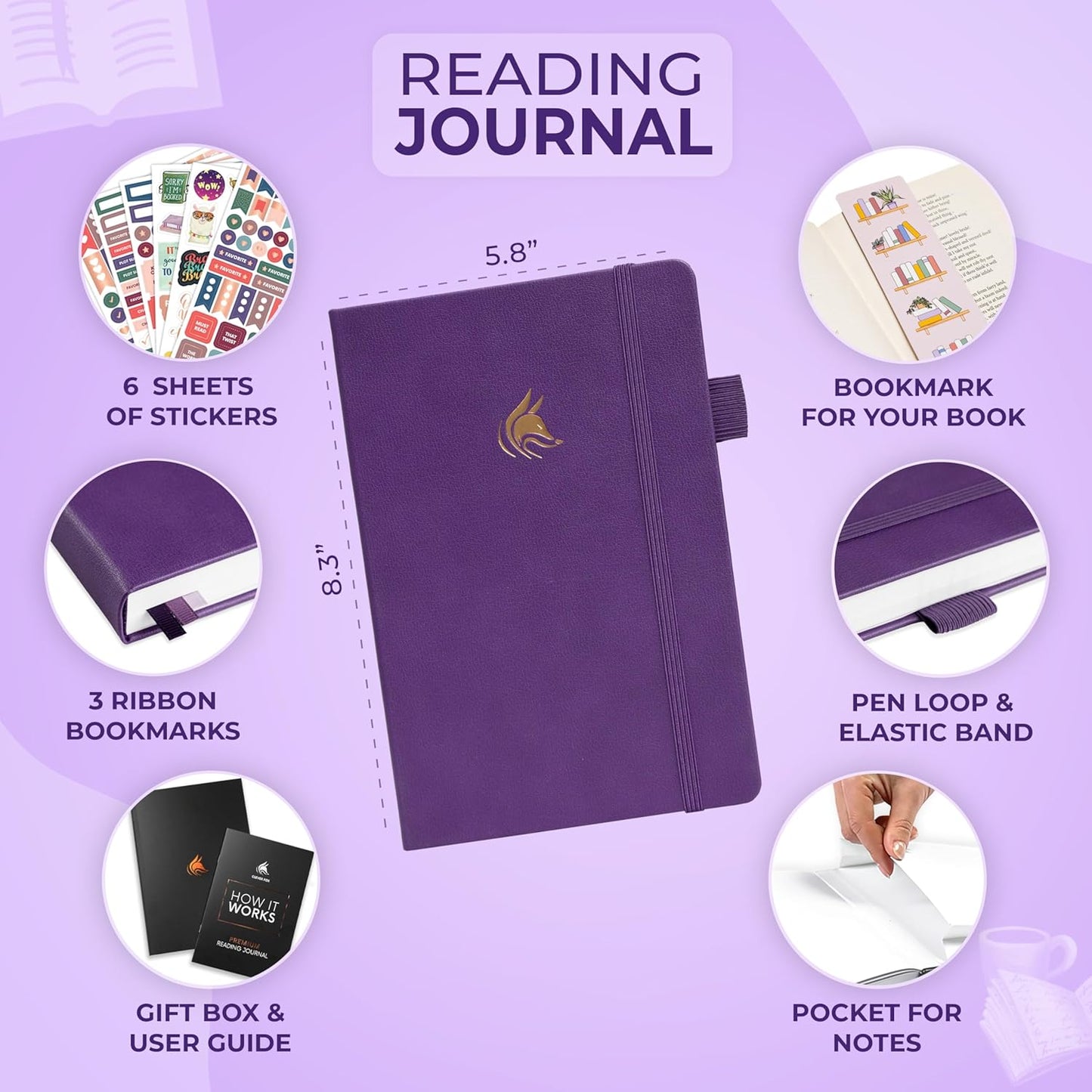 Clever Fox Reading Journal Premium – Review Log Notebook with Reading Tracker – Gifts & Accessories for Book Lovers, Adults & Kids (Purple)