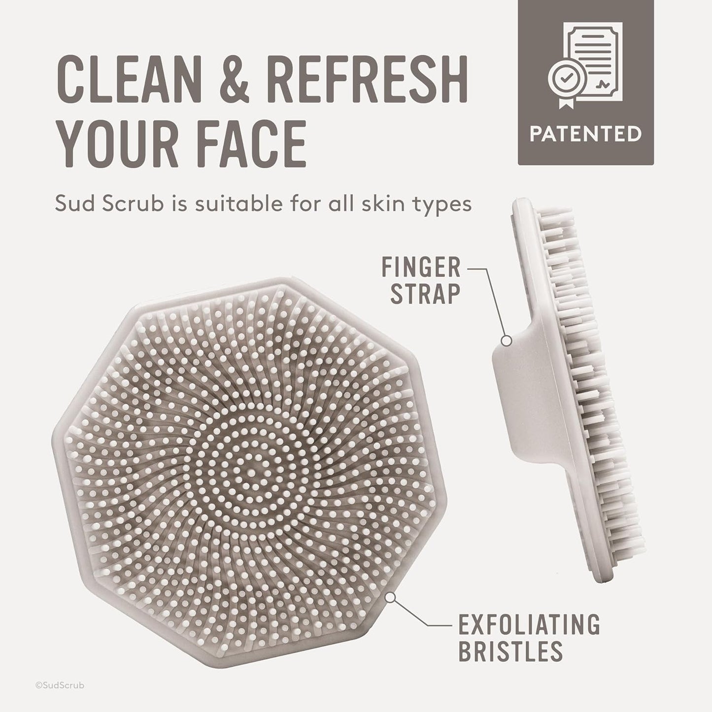 Sud Scrub® Antimicrobial Silicone Face Scrubber, 1 Pack, Gentle Face Exfoliator for Sensitive Skin, Eco Friendly Facial Cleansing Brush, Exfoliating Face Brush for Men and Women (Clay)