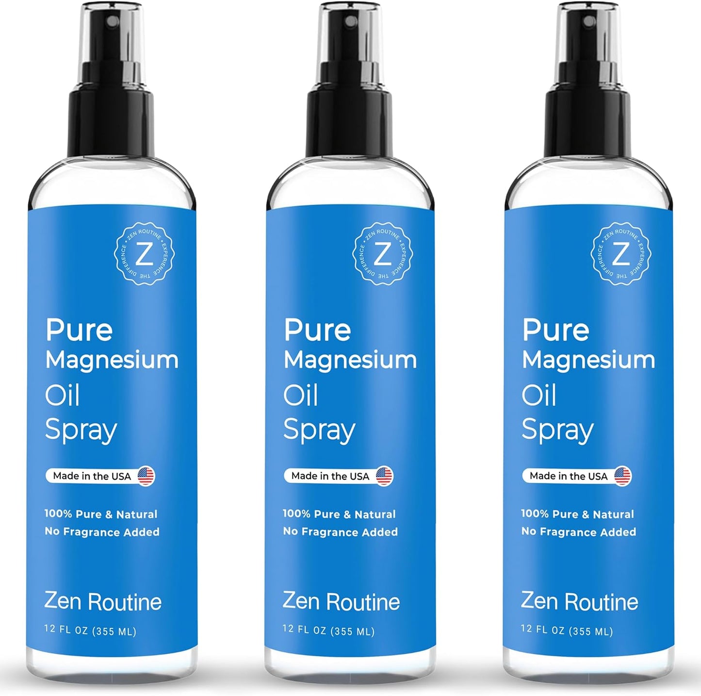 Pure Magnesium Oil Spray 12oz (3 Pack) – Organic USP Grade Magnesium Spray, Topical Magnesium Glycinate, Magnesium Oil for Feet, Body, Muscles & Leg Cramps – Made in The USA