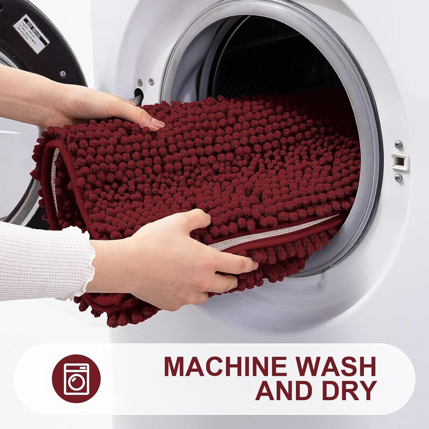 Grandaily Chenille Striped Bathroom Rugs 59x20, Extra Thick and Absorbent Bath Mats, Non-Slip Soft Plush Shaggy Shower Carpet, Machine Wash Dry, Bath Rug for Bathroom, Burgundy